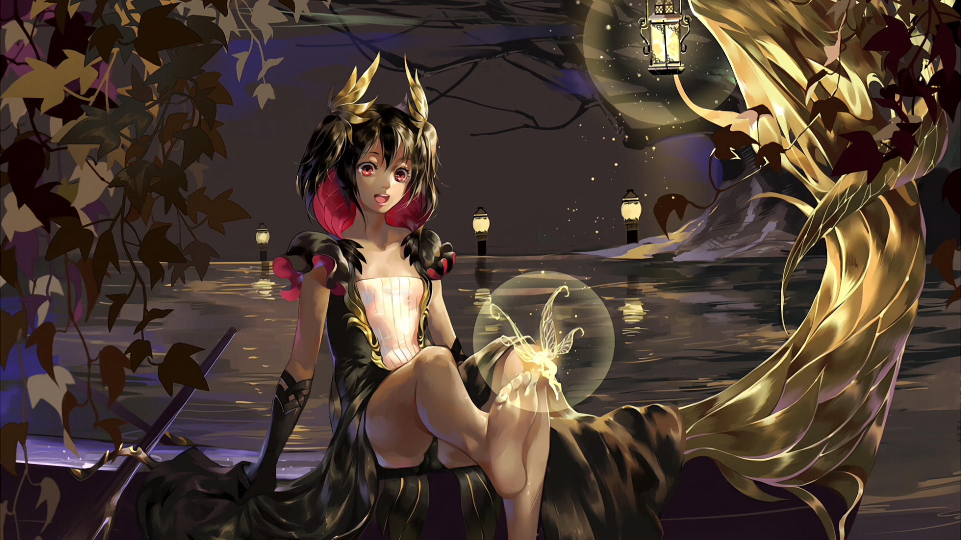 Nico Yazawa sitting by a lake at night HD Wallpaper