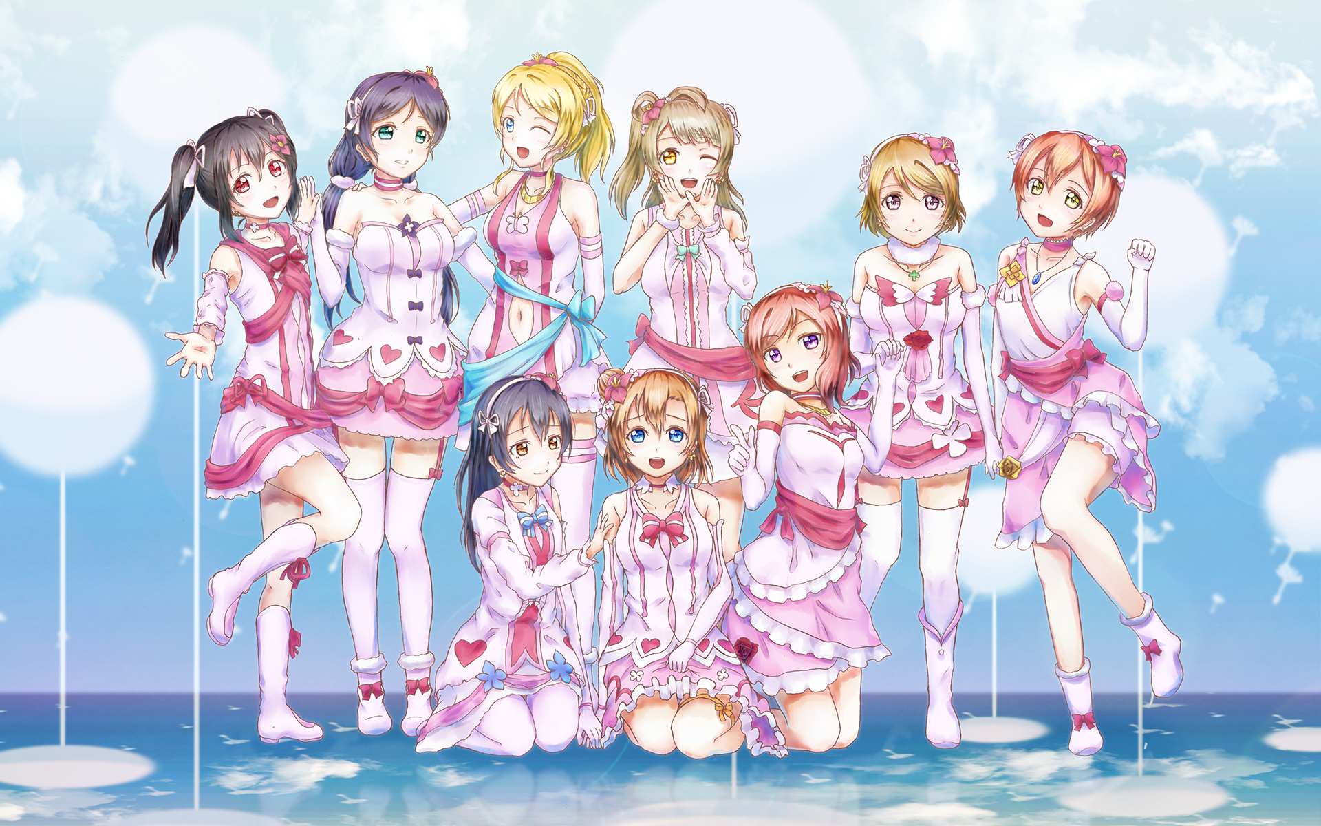 Love Live! School Idol Project girls in pink outfits HD Wallpaper