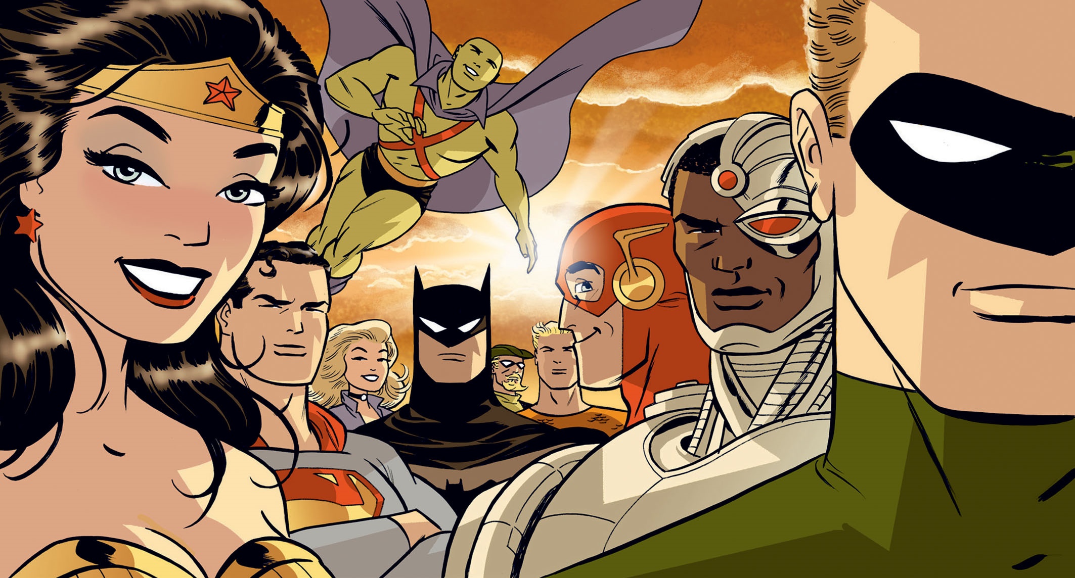 Justice League characters including Wonder Woman, Superman, Batman, Flash, Cyborg, Green Arrow, Martian Manhunter, and Aquaman HD Wallpaper
