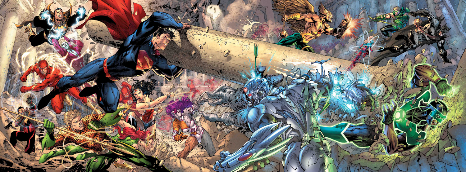 Justice League fighting against a robotic enemy HD Wallpaper