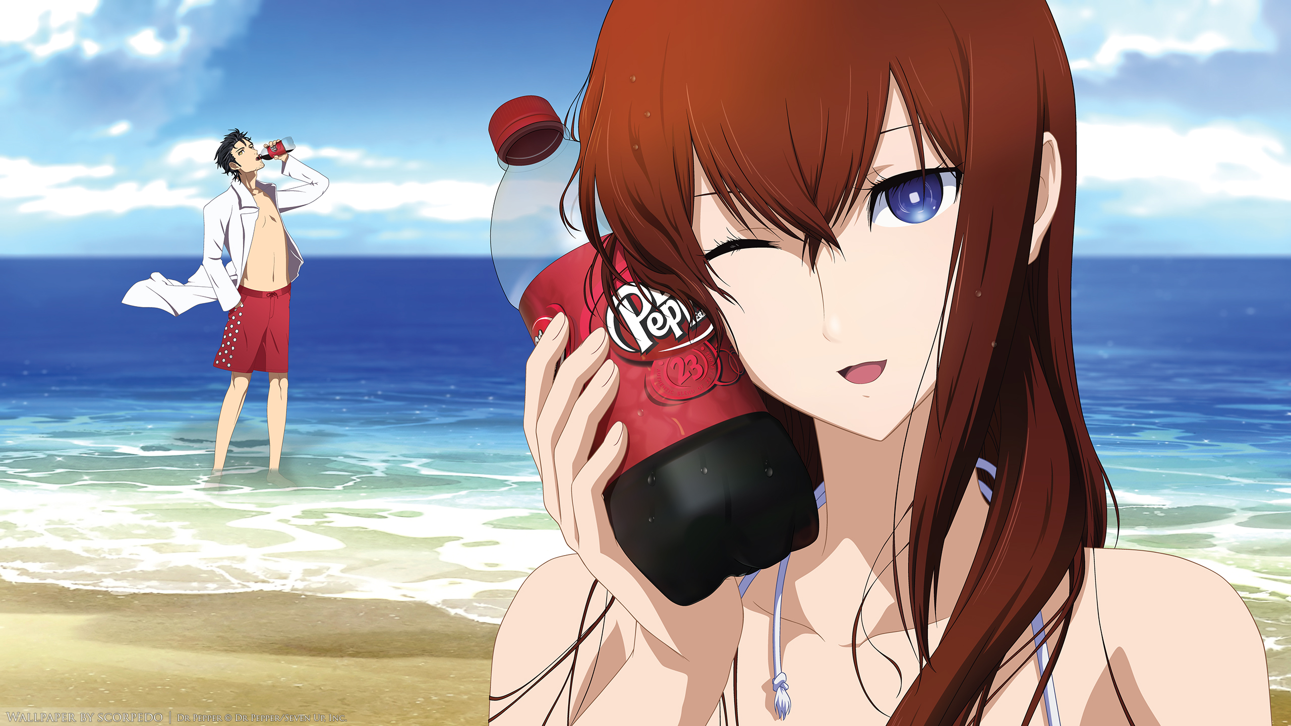 Kurisu Makise and Okabe Rintaro from Steins;Gate at the beach HD Wallpaper