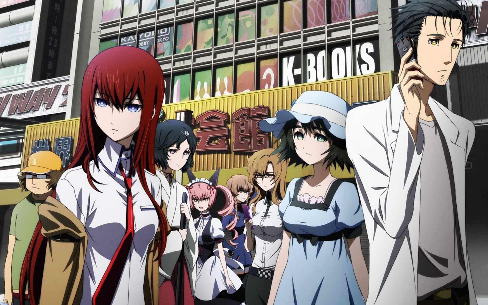 Steins;Gate characters in front of K-Books store HD Wallpaper