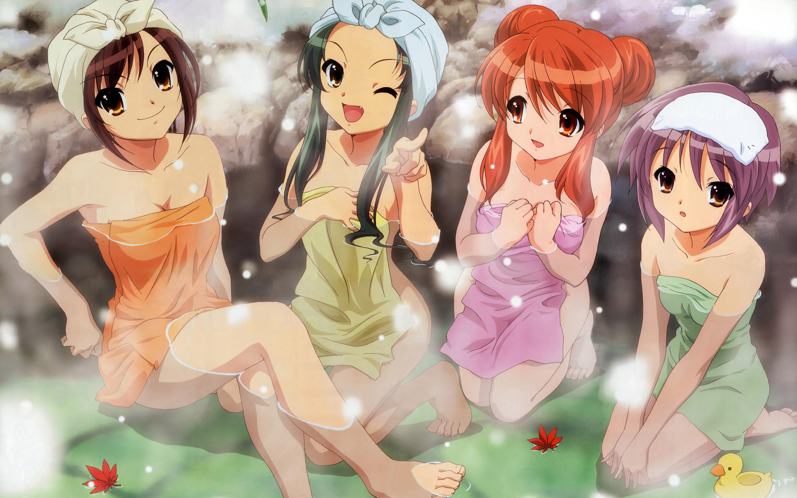 Four anime girls in towels in a hot spring HD Wallpaper