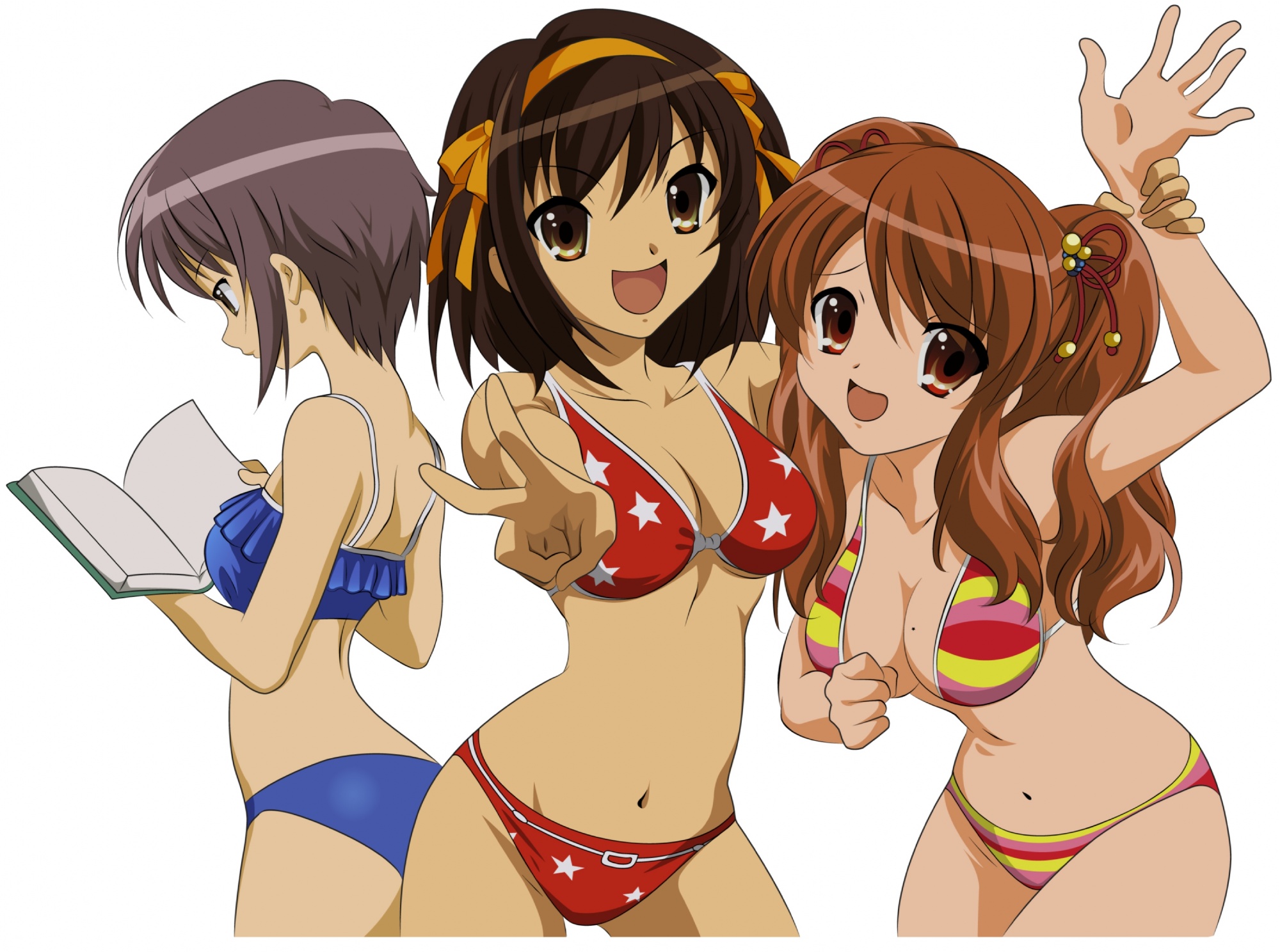 Three anime girls in swimsuits HD Wallpaper