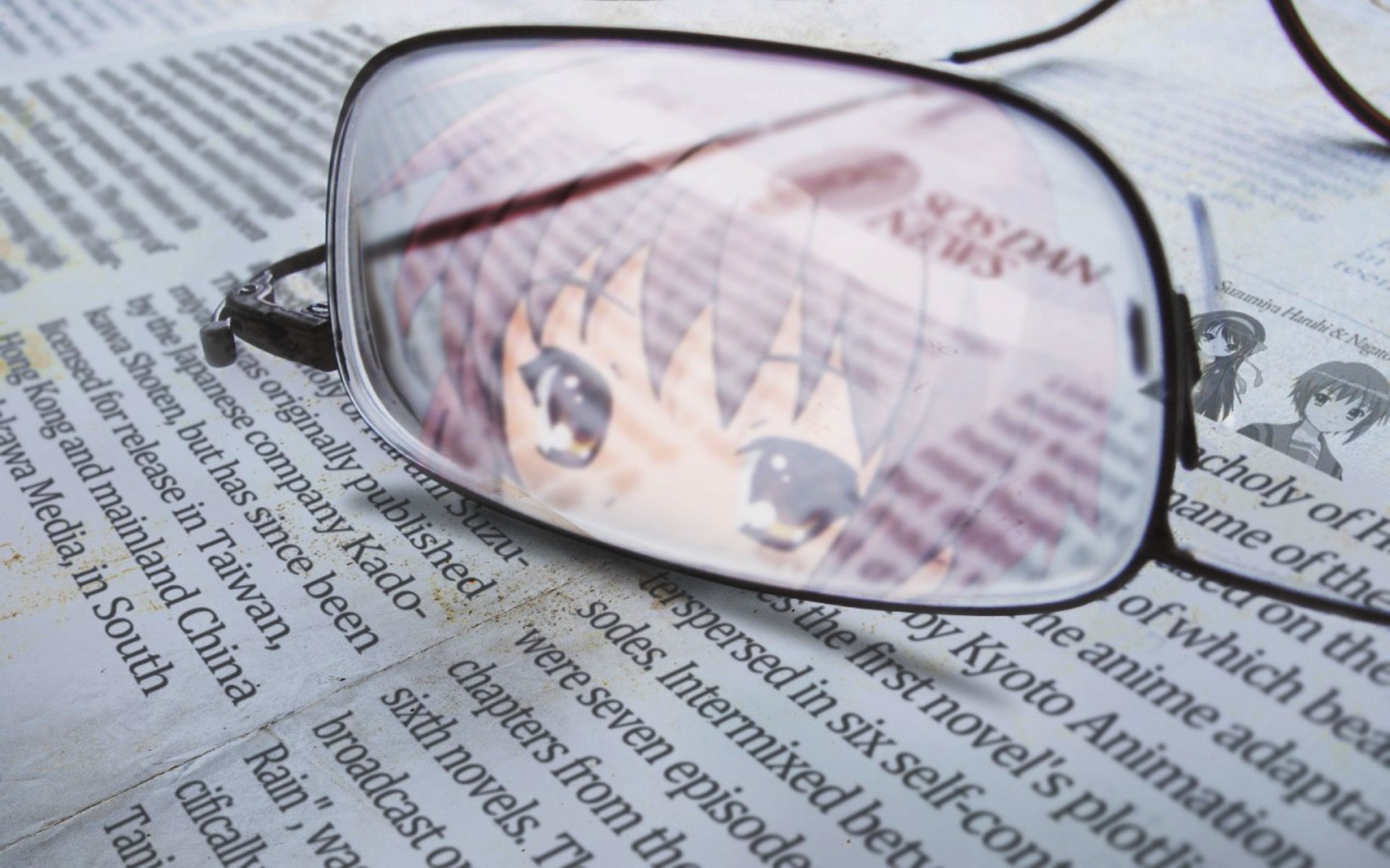 Anime character reflection in glasses on newspaper HD Wallpaper
