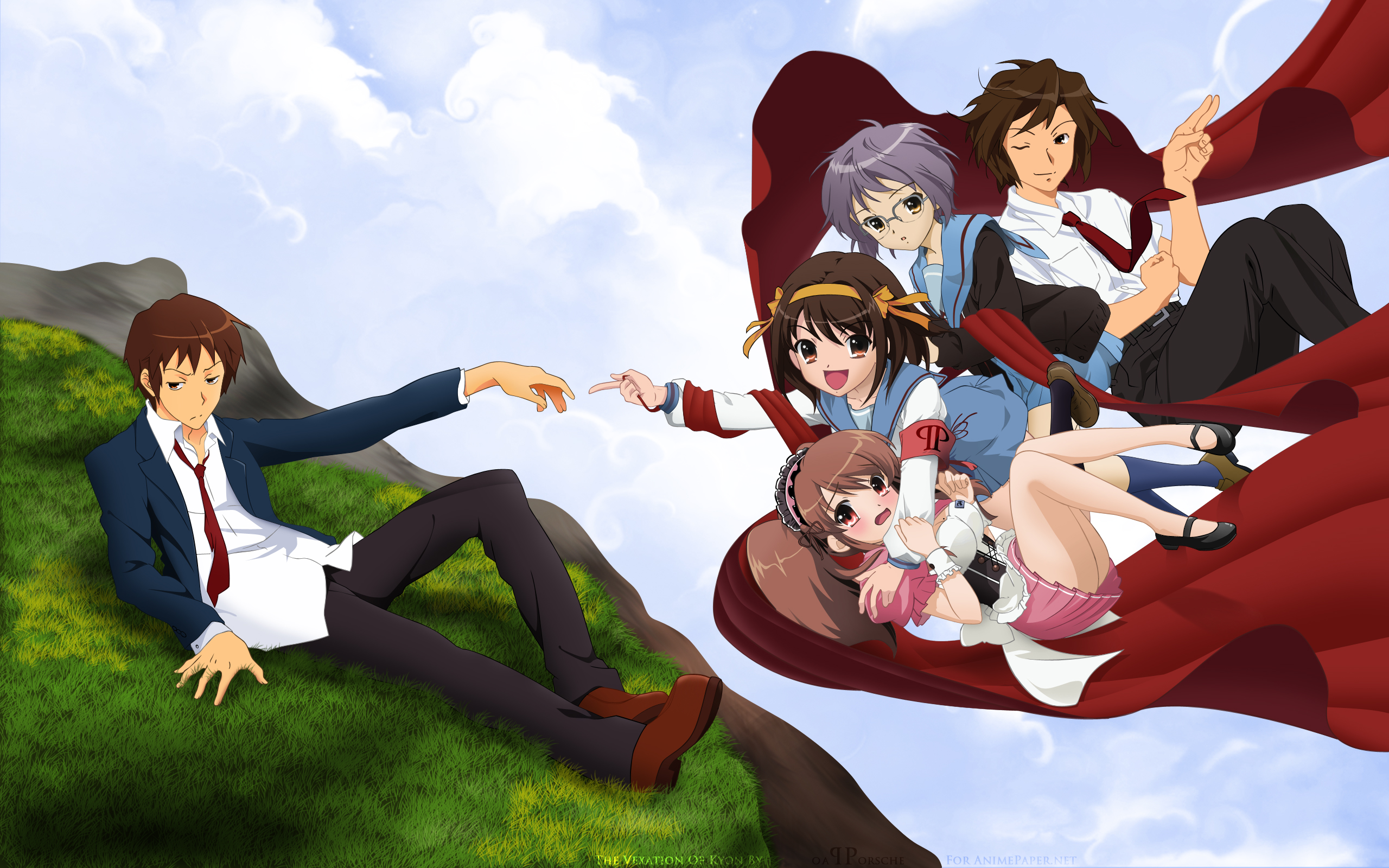 The Melancholy of Haruhi Suzumiya characters in 'The Creation of Adam' parody HD Wallpaper