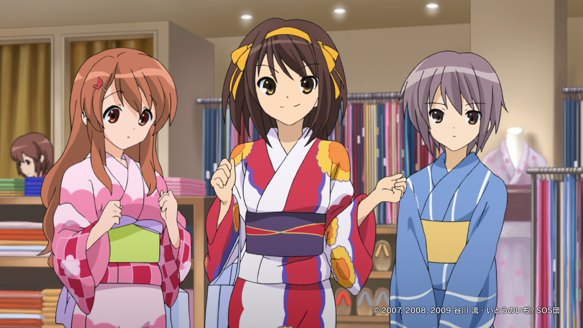 Three girls in kimonos in a store HD Wallpaper