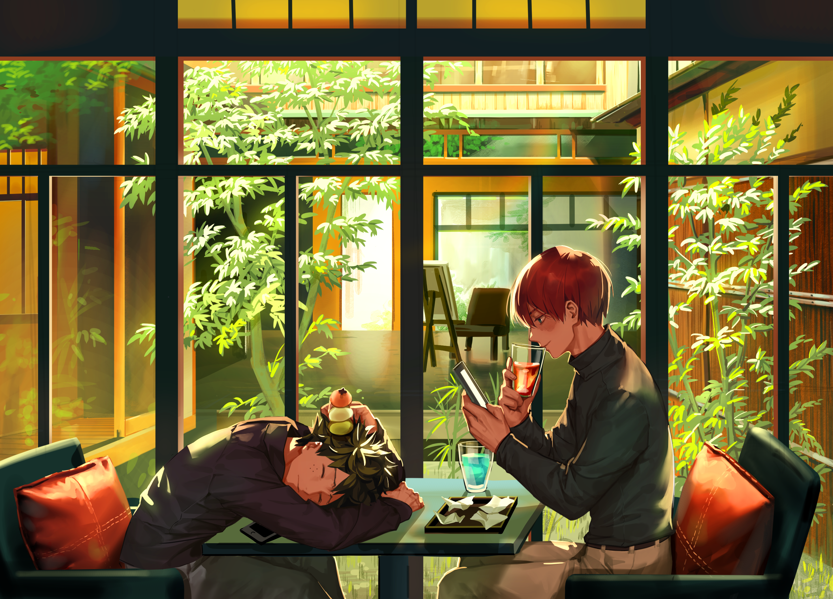 Shoto Todoroki and Izuku Midoriya in a cafe HD Wallpaper