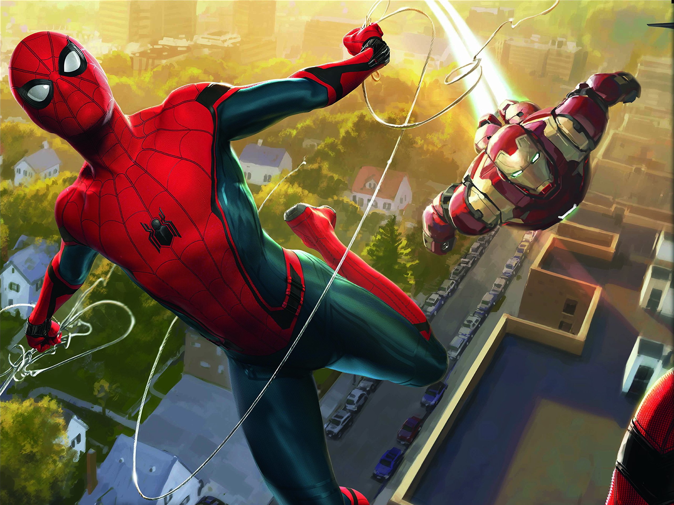 Spider-Man and Iron Man flying over a city HD Wallpaper