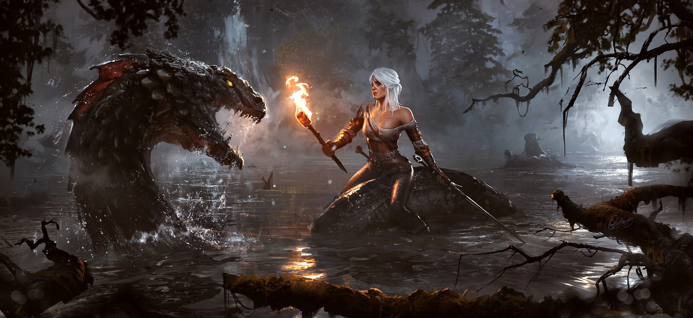 Ciri from The Witcher fighting a serpent monster HD Wallpaper