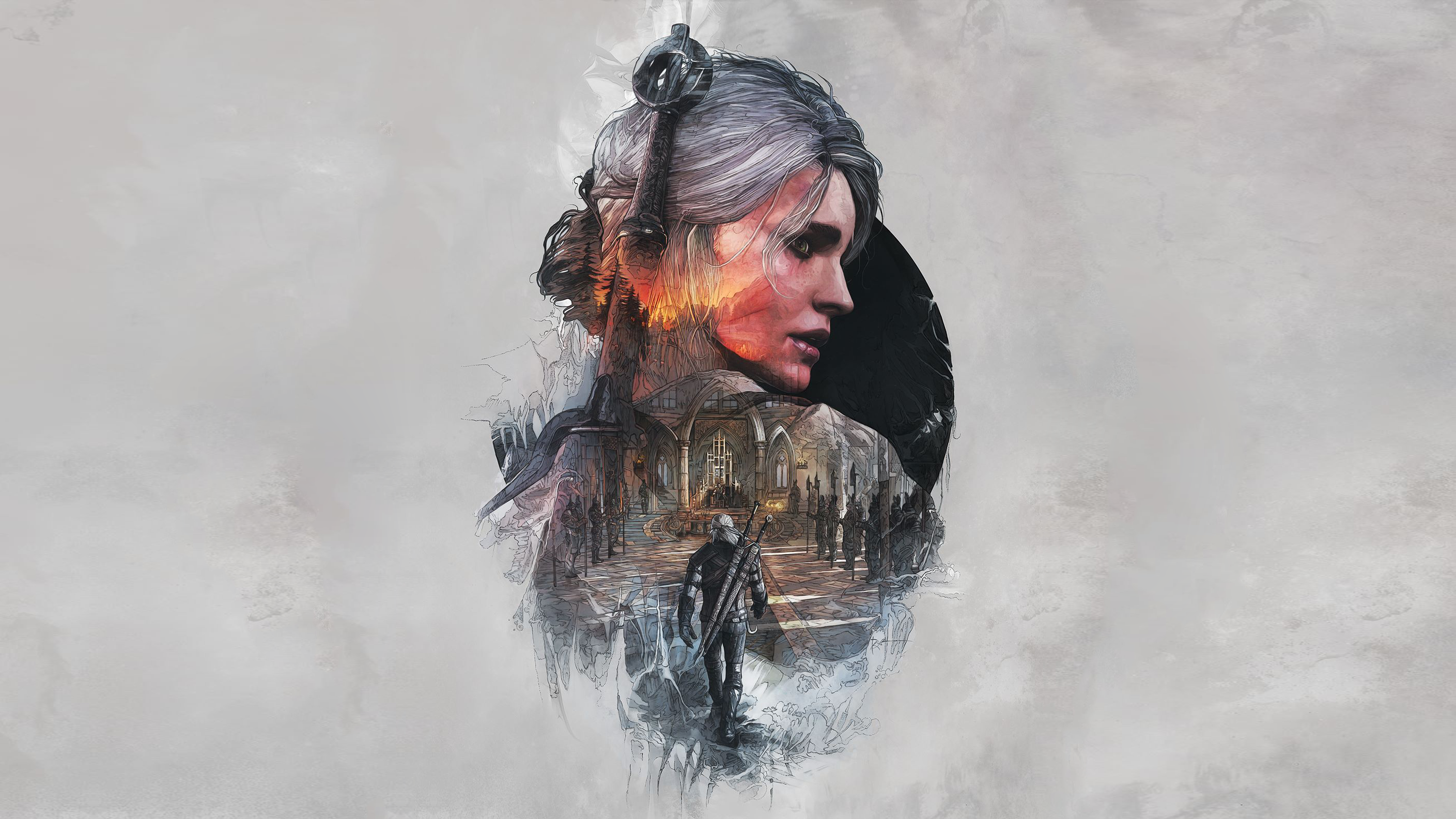 Ciri from The Witcher with Geralt and a castle HD Wallpaper