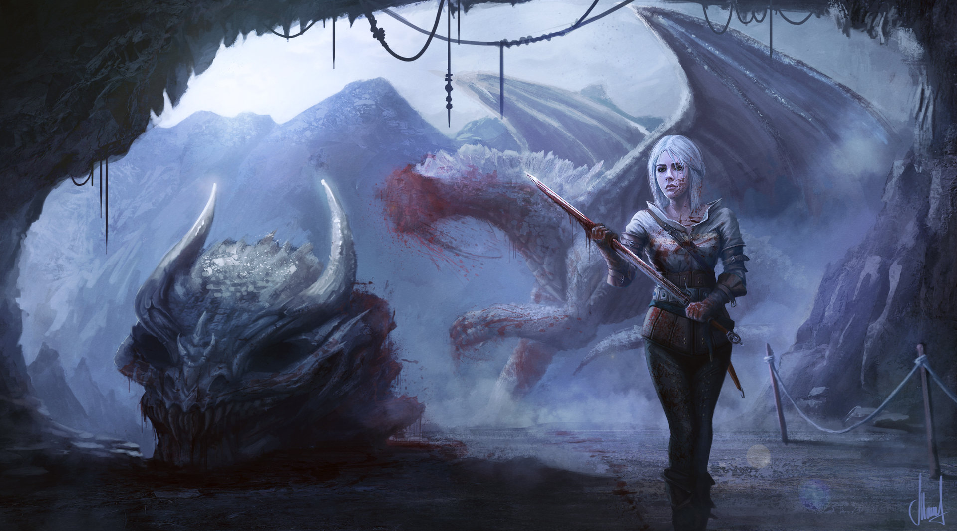 Ciri with a dragon's head and body in a cave HD Wallpaper