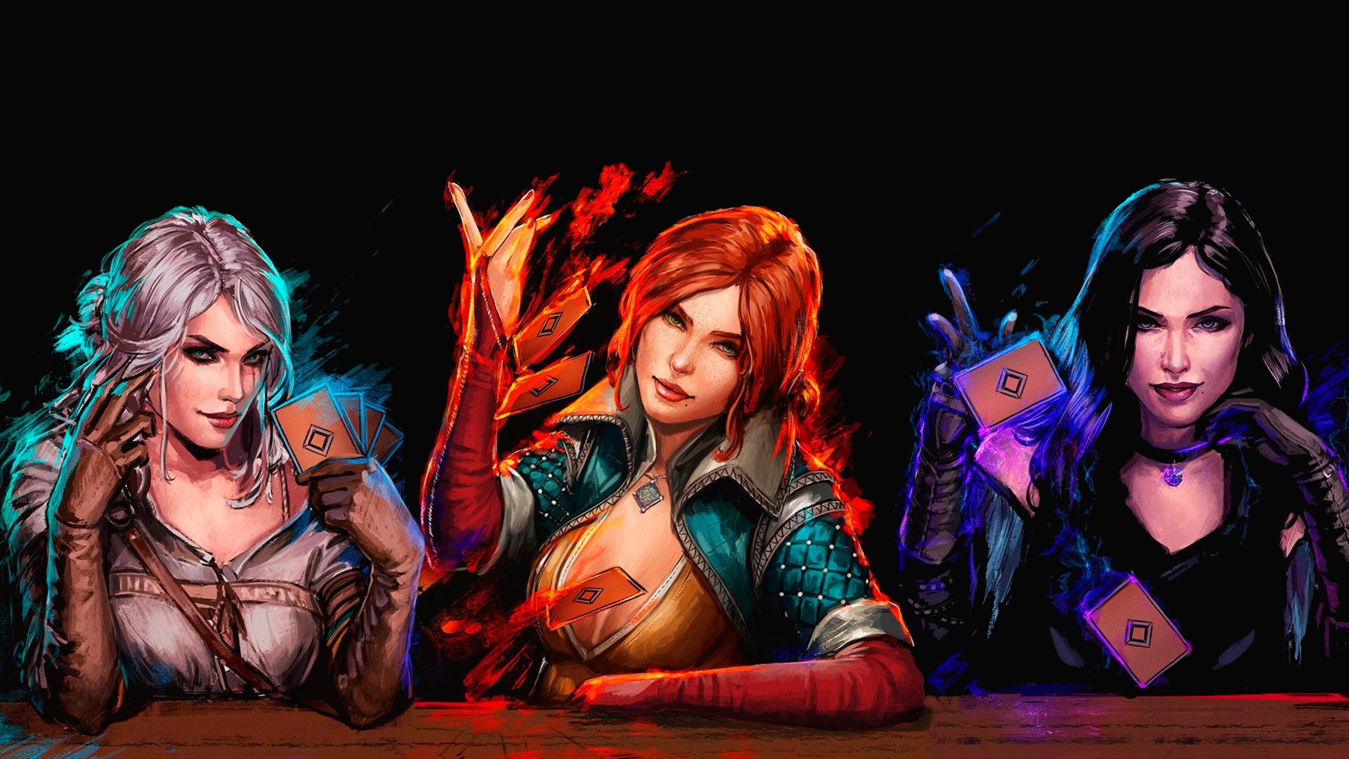 Three women from The Witcher playing cards HD Wallpaper