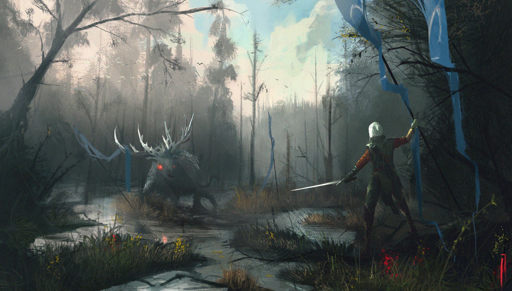 Ciri from The Witcher fighting a monster in a swamp HD Wallpaper