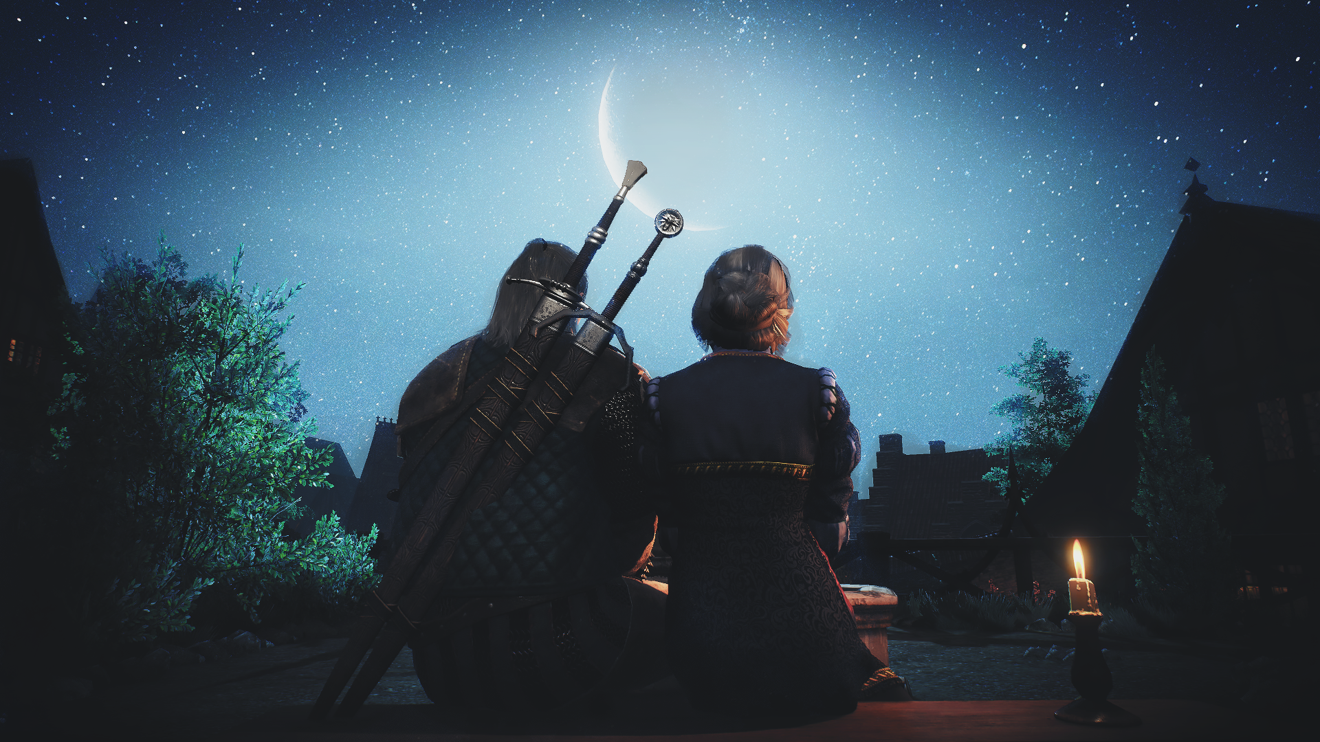 Geralt and Ciri from The Witcher under a crescent moon HD Wallpaper