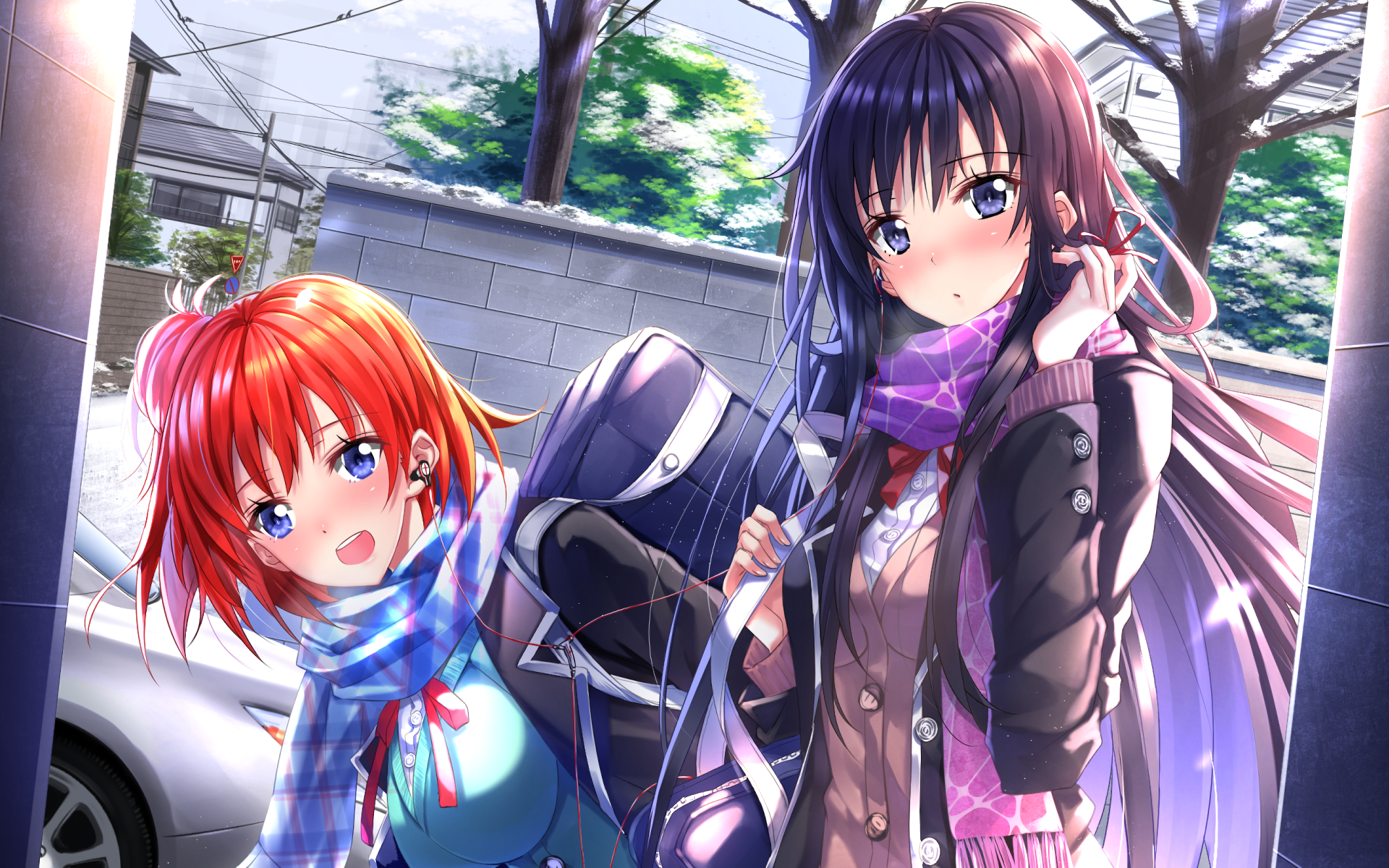 Two girls with headphones in winter HD Wallpaper