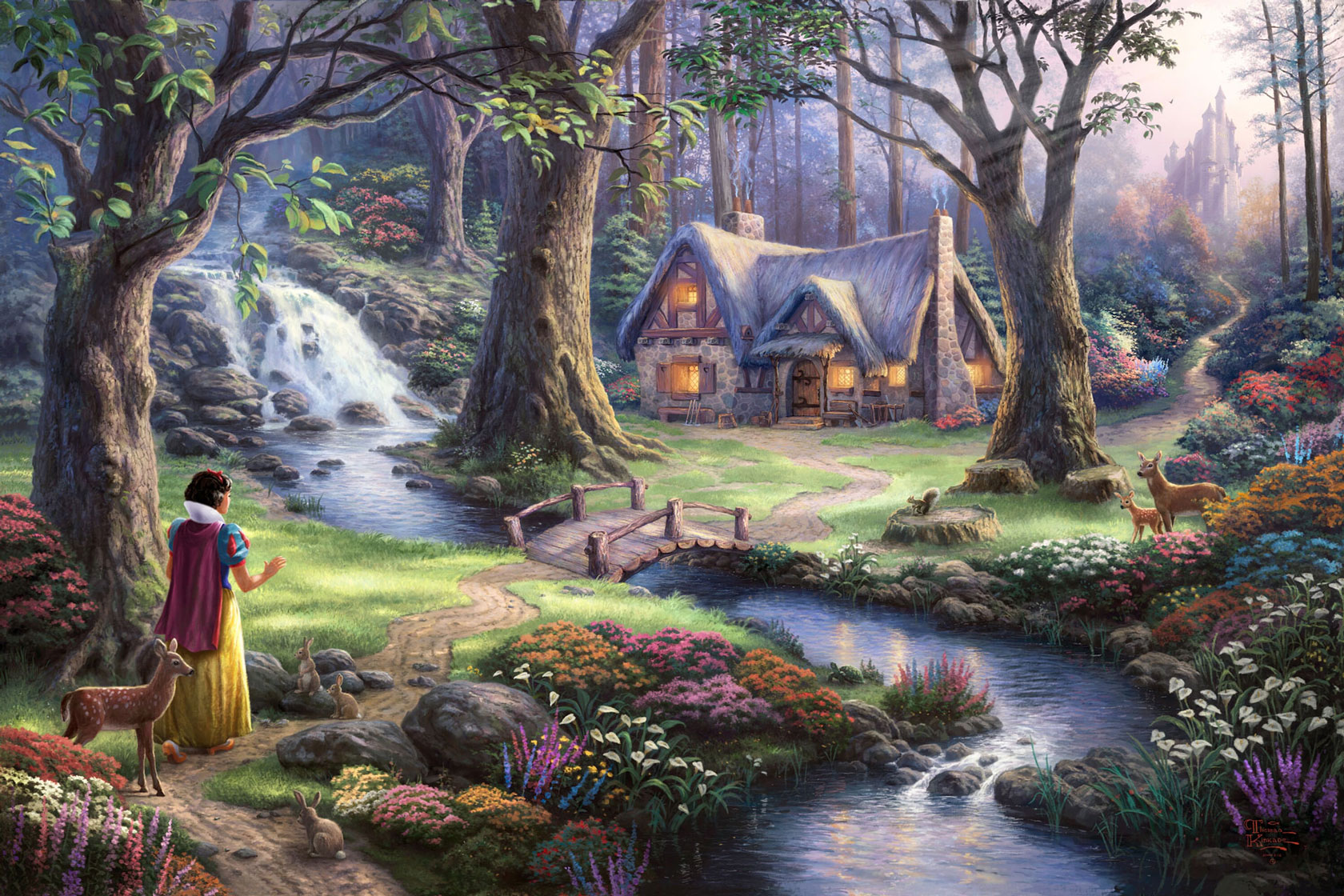 Snow White in a forest with a cottage and waterfall HD Wallpaper
