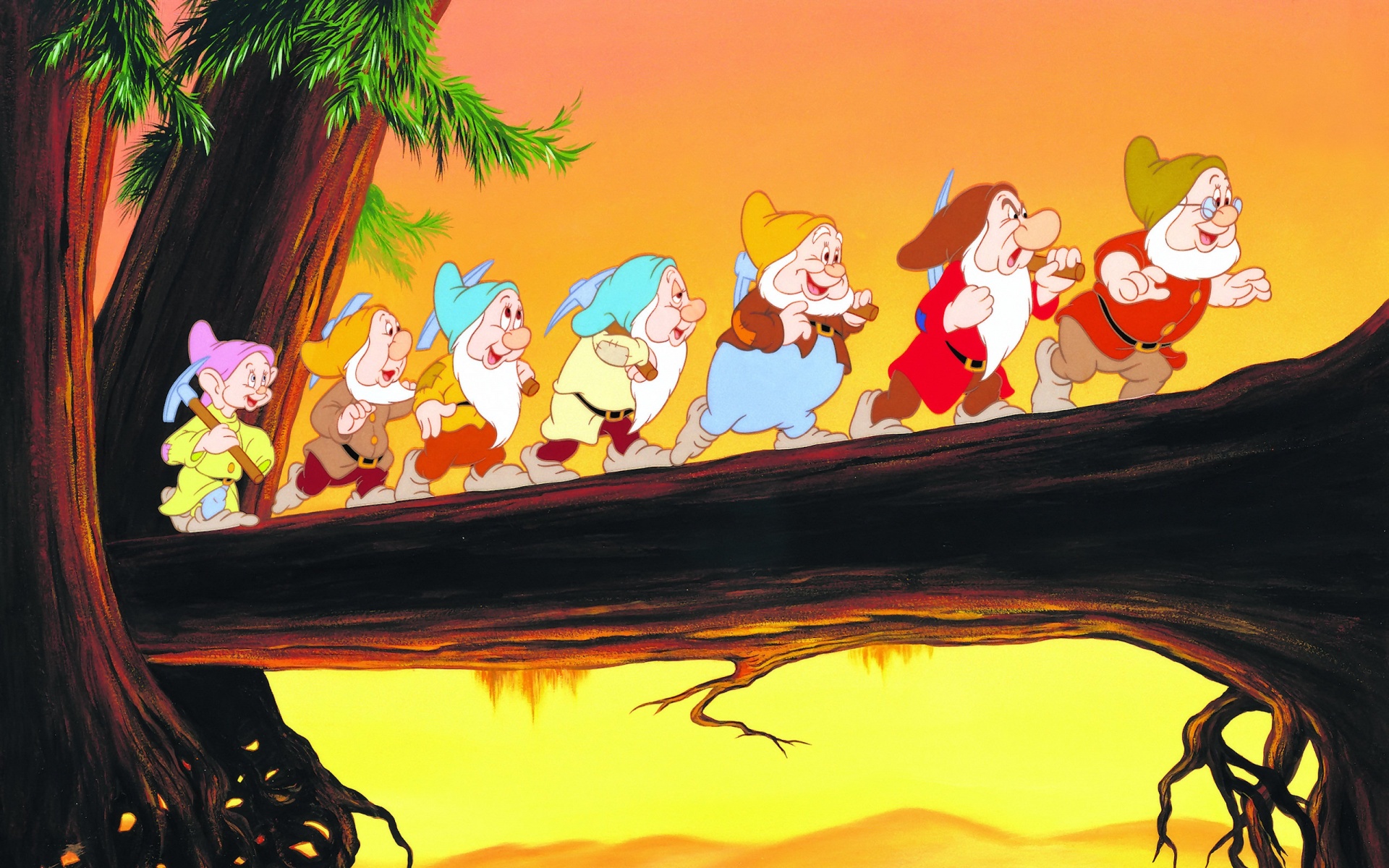 The Seven Dwarfs walking on a tree branch HD Wallpaper