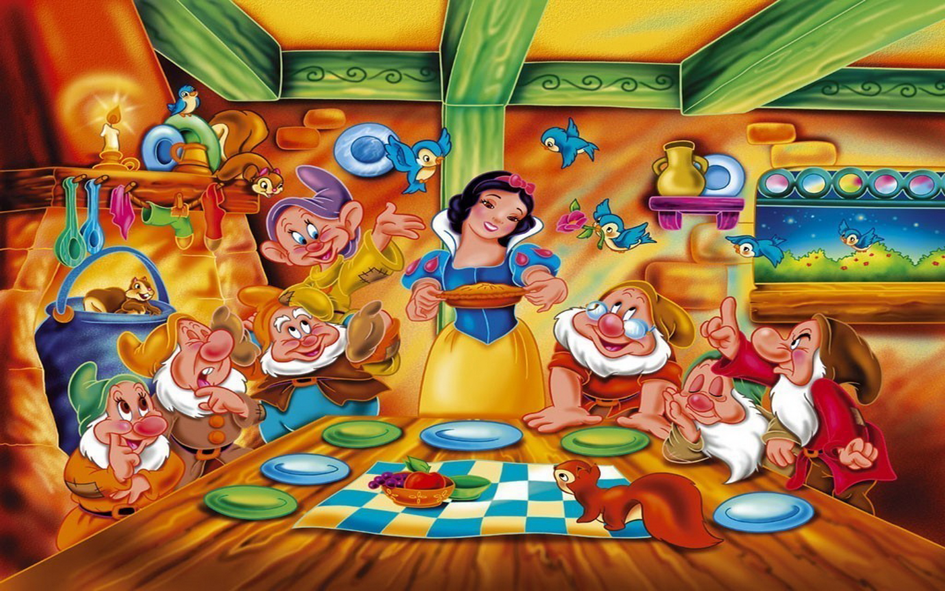 Snow White and the Seven Dwarfs at dinner HD Wallpaper