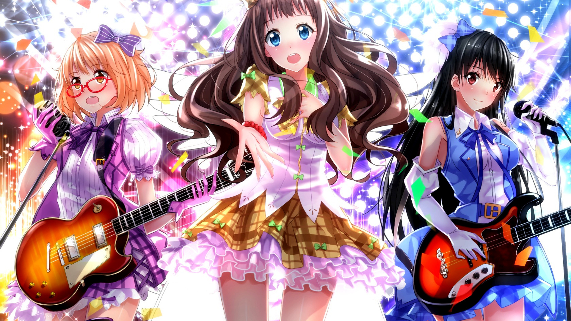 Three anime girls playing guitars and singing on stage HD Wallpaper