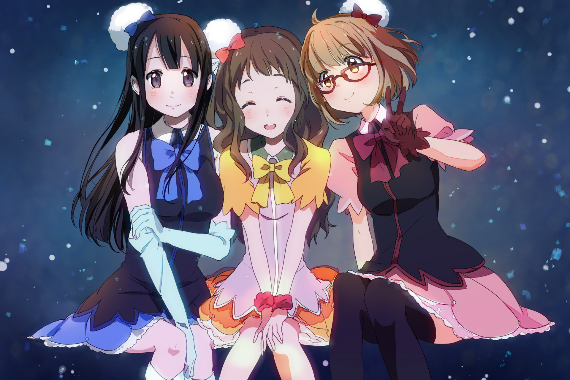 Three anime girls in colorful outfits HD Wallpaper