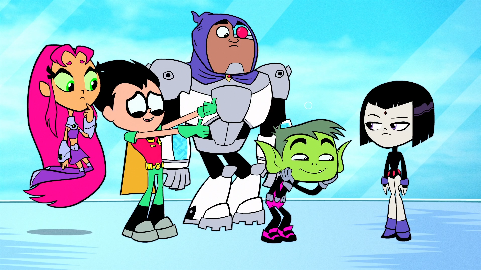 Teen Titans Go! characters Starfire, Robin, Cyborg, Beast Boy, and Raven HD Wallpaper