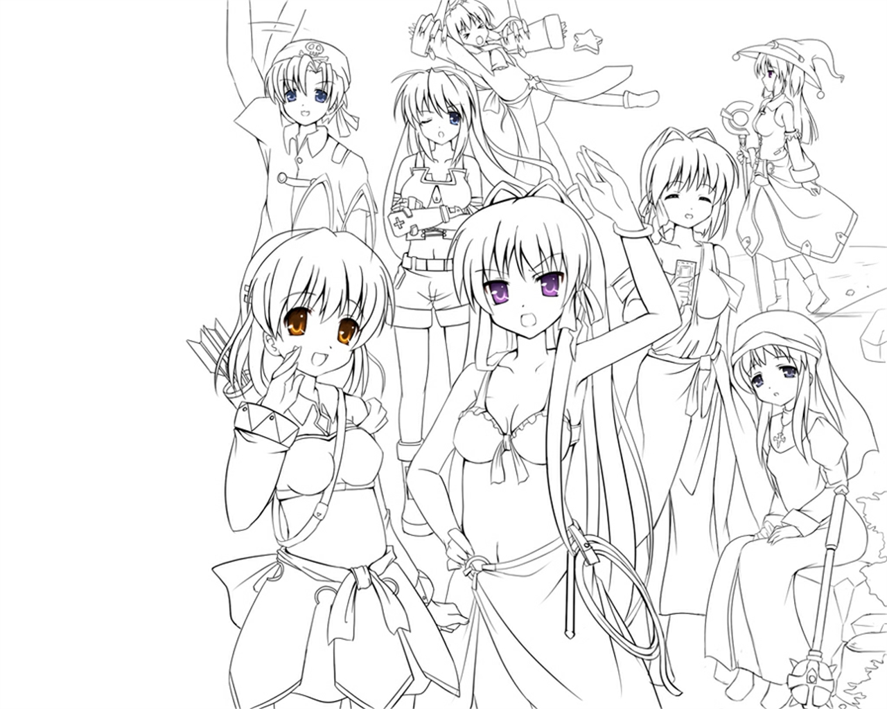Group of anime girls in various outfits HD Wallpaper