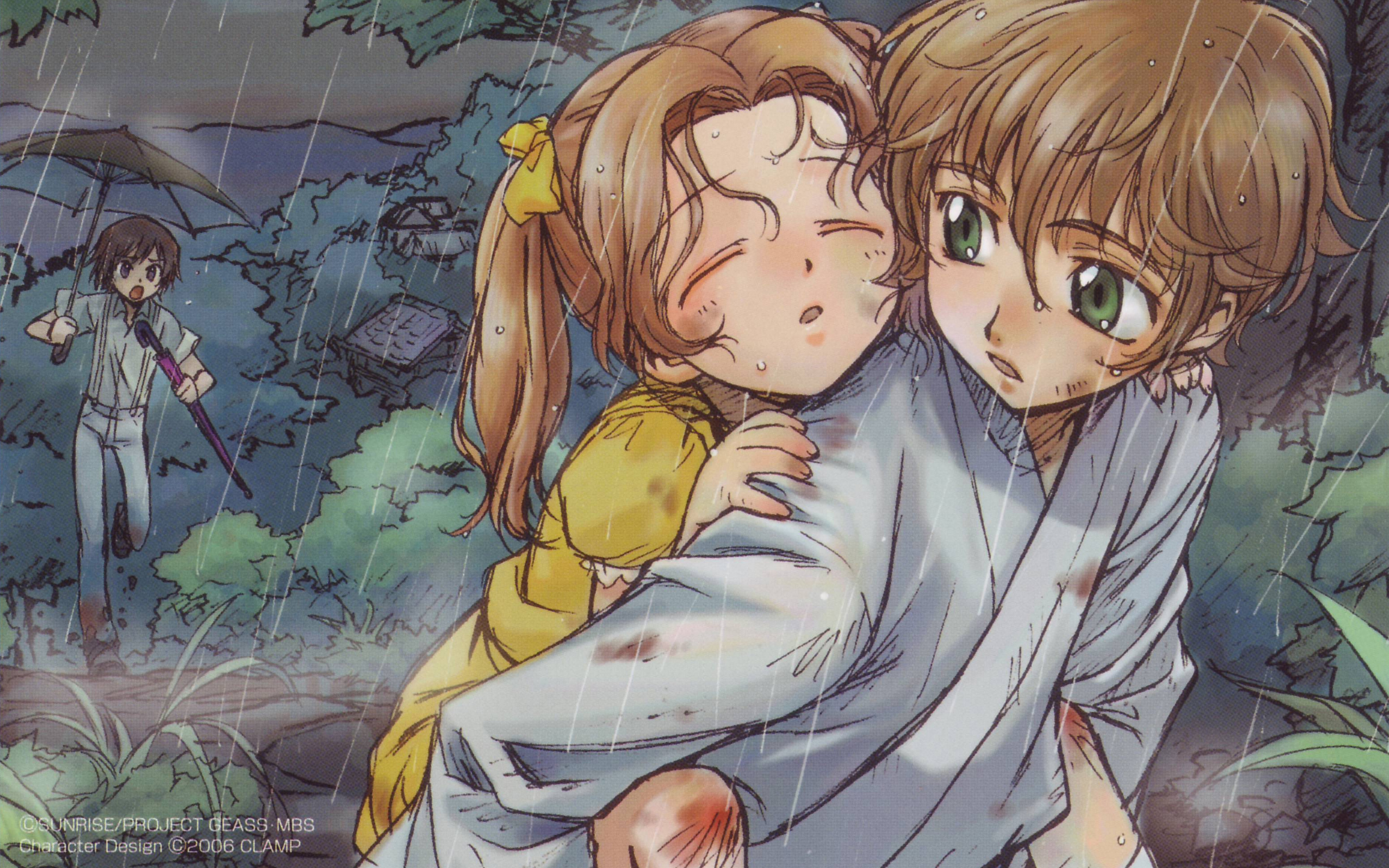 Suzaku Kururugi and two children in the rain HD Wallpaper