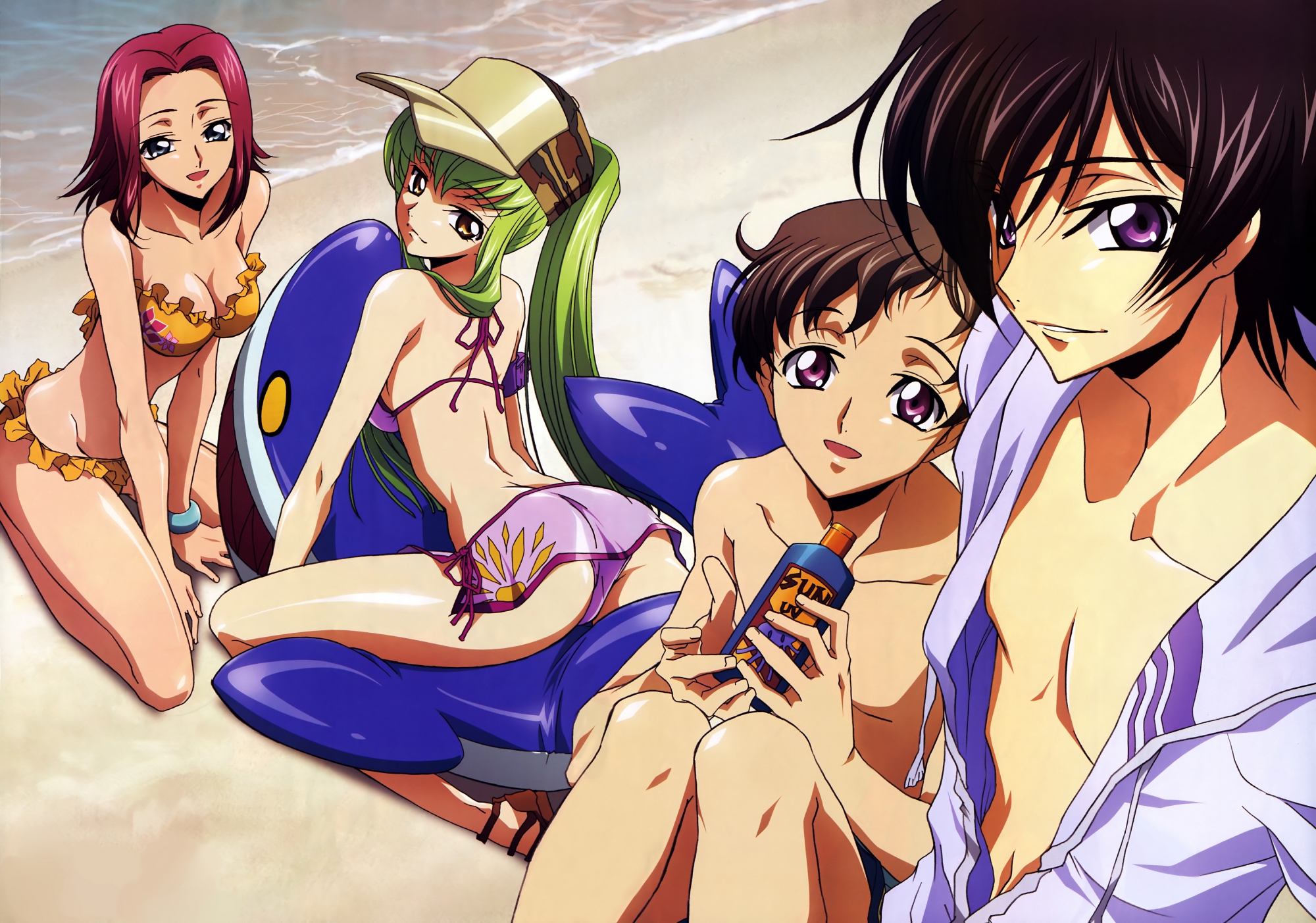 Kallen, C.C., Lelouch, and Suzaku from Code Geass at the beach HD Wallpaper