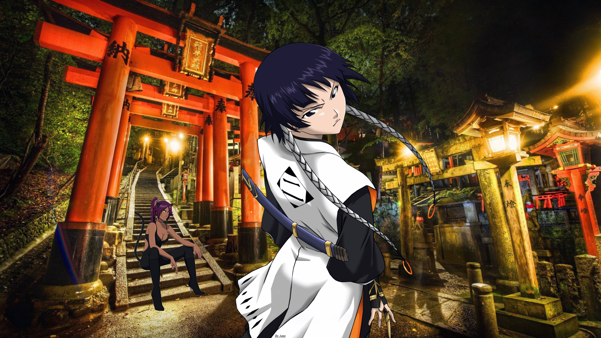 Yoruichi Shihouin and woman in Japanese shrine at night HD Wallpaper