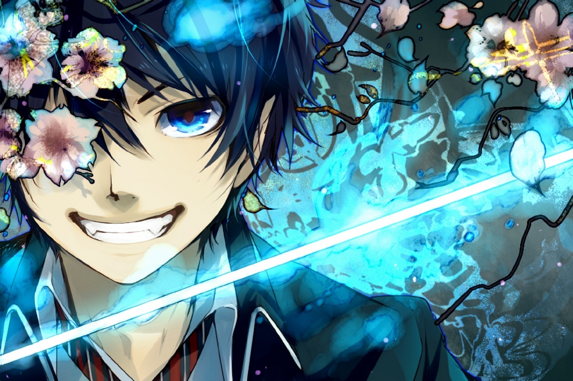 Rin Okumura with blue flames and flowers HD Wallpaper