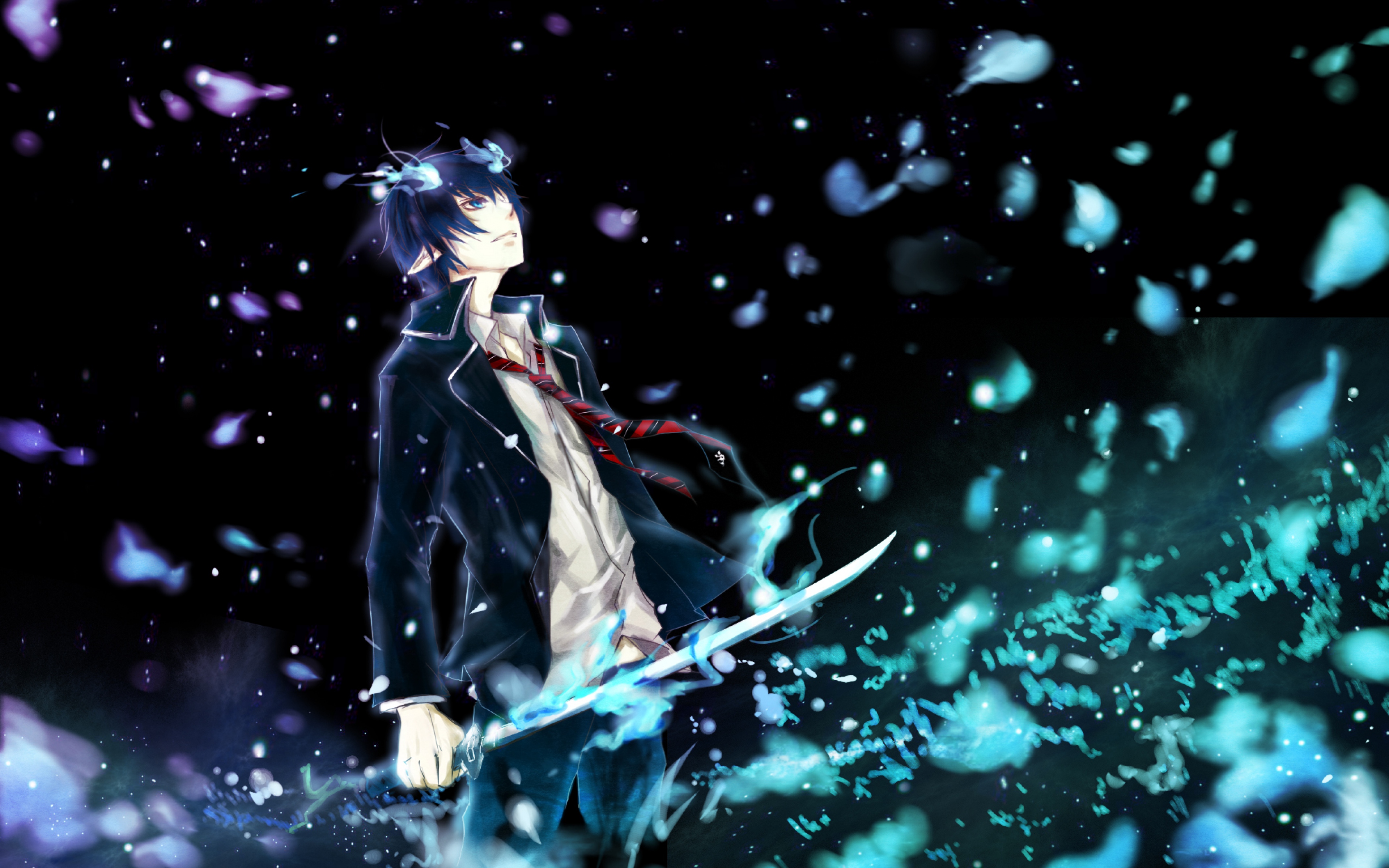 Rin Okumura with blue flames and sword HD Wallpaper