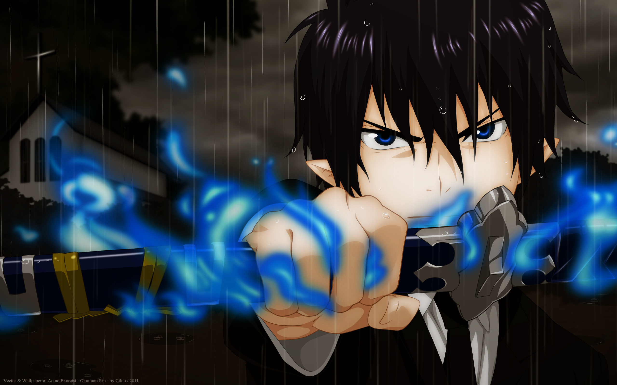 Rin Okumura from Blue Exorcist with blue flames HD Wallpaper