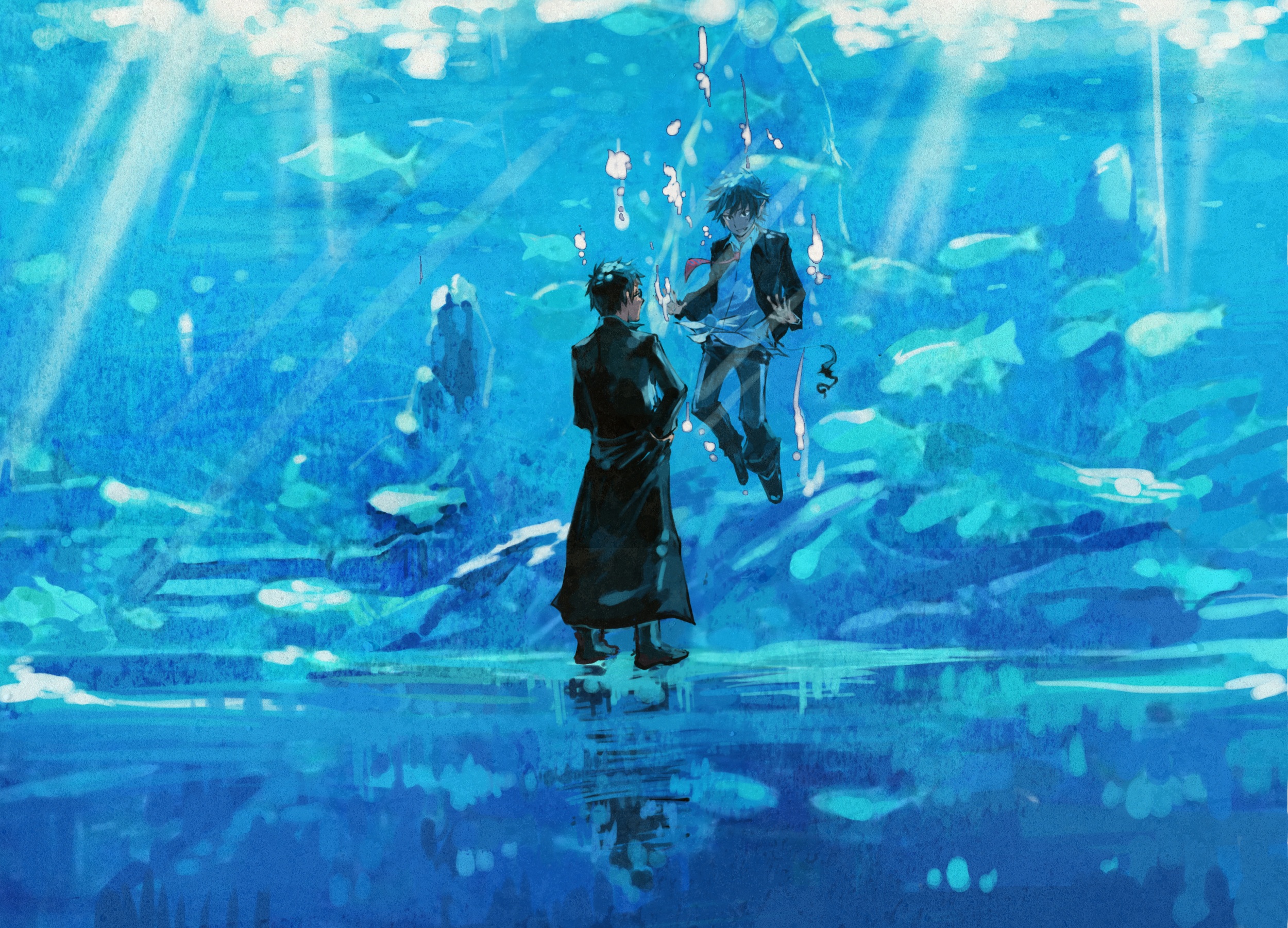 Rin Okumura in an aquarium HD Wallpaper