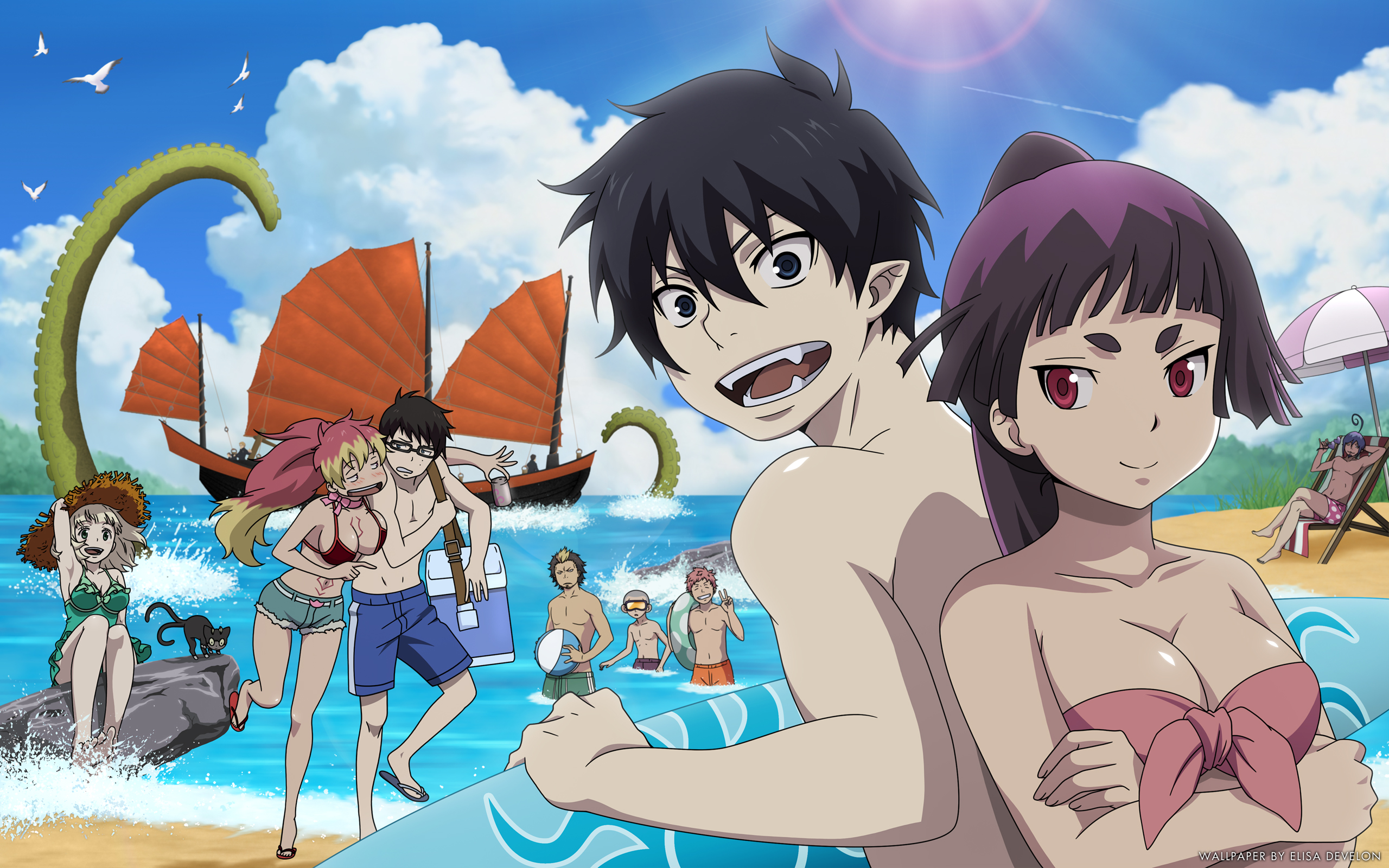 Rin Okumura and friends at the beach HD Wallpaper