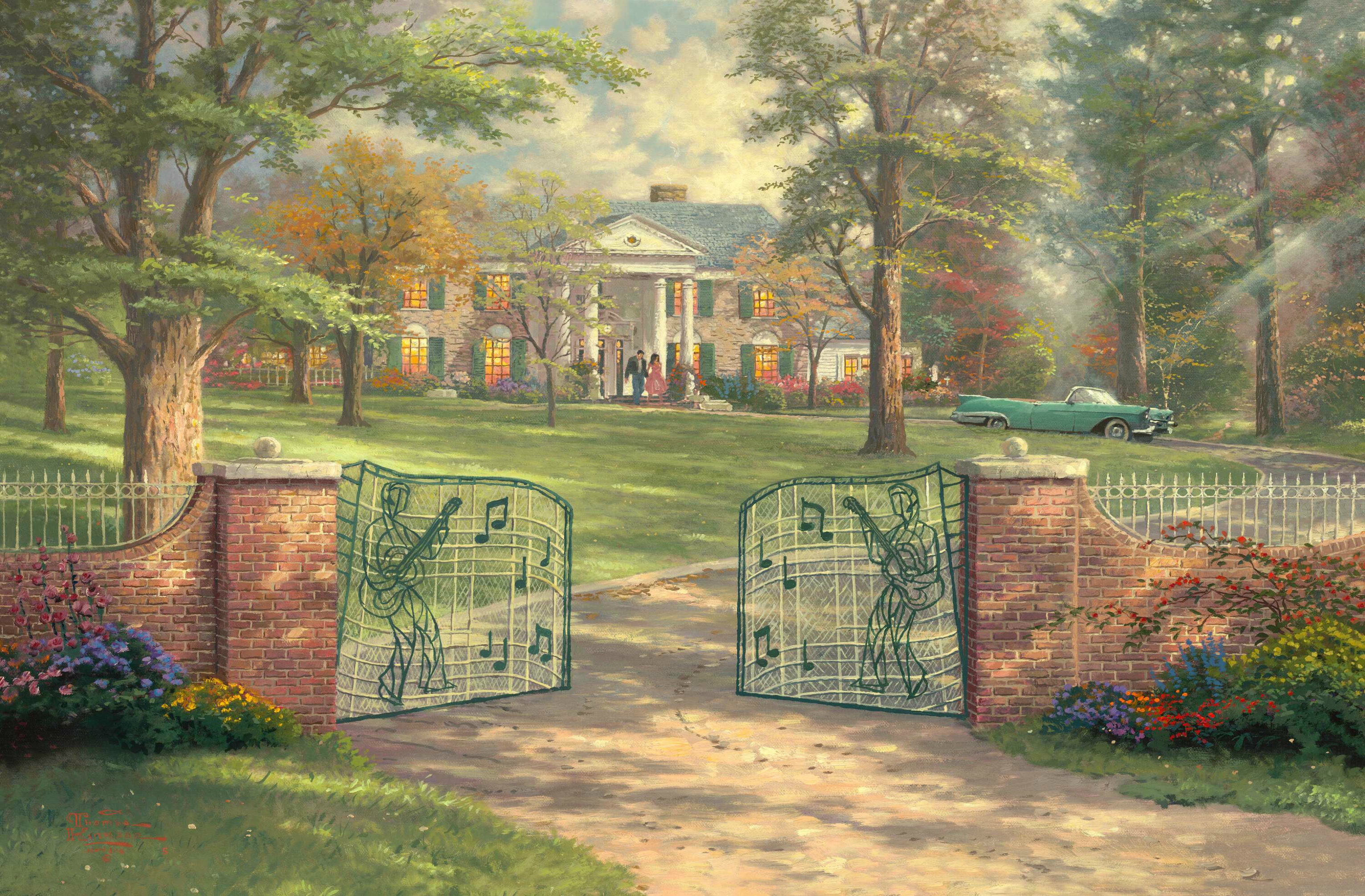 Graceland Gates with Elvis Presley Silhouette and Music Notes HD Wallpaper