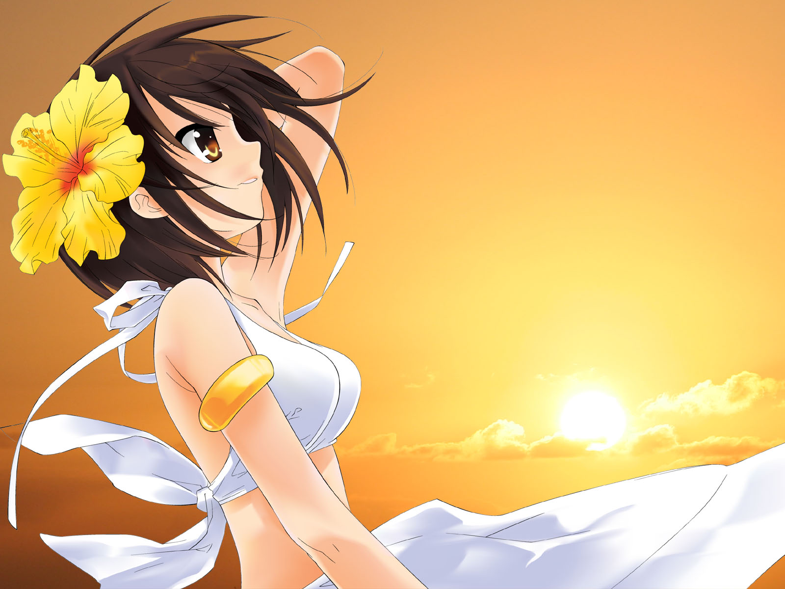 Haruhi Suzumiya in a white bikini with a yellow flower HD Wallpaper