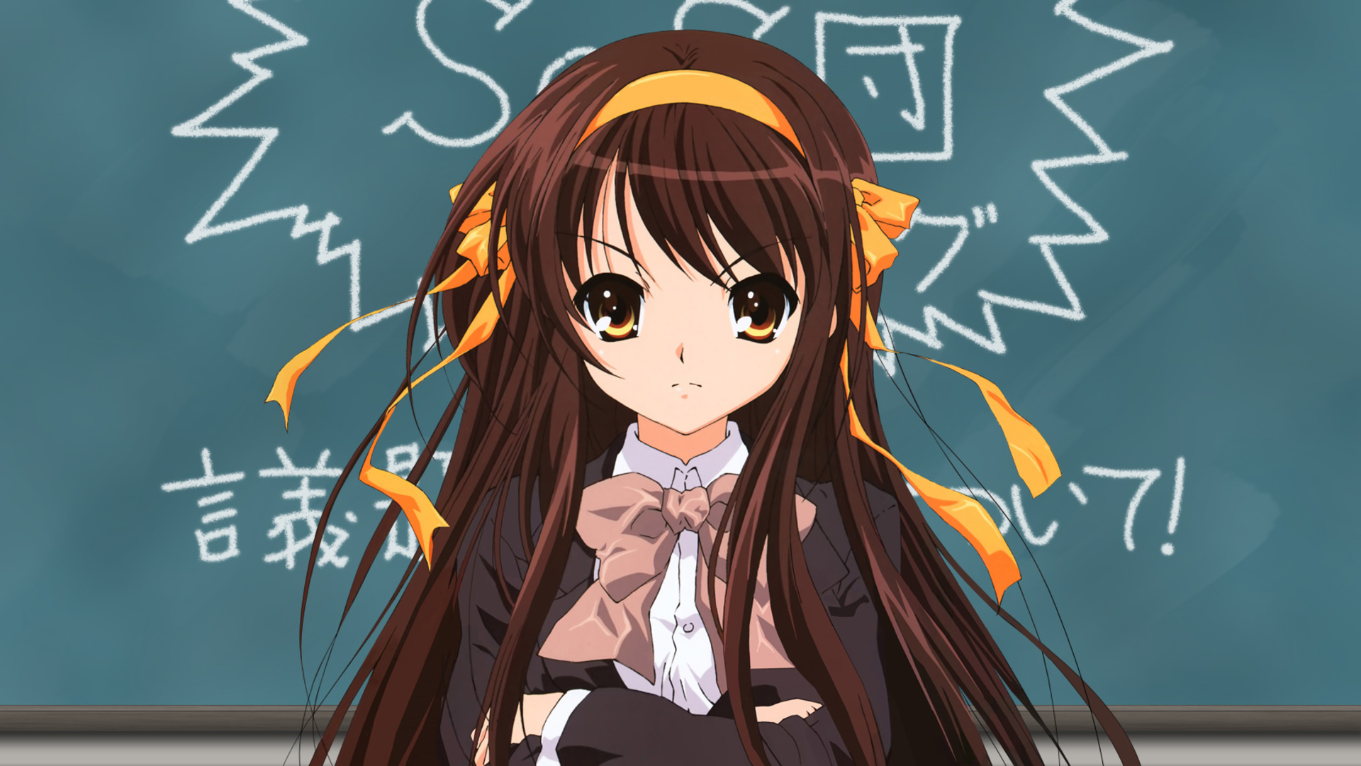 Haruhi Suzumiya in front of a blackboard HD Wallpaper