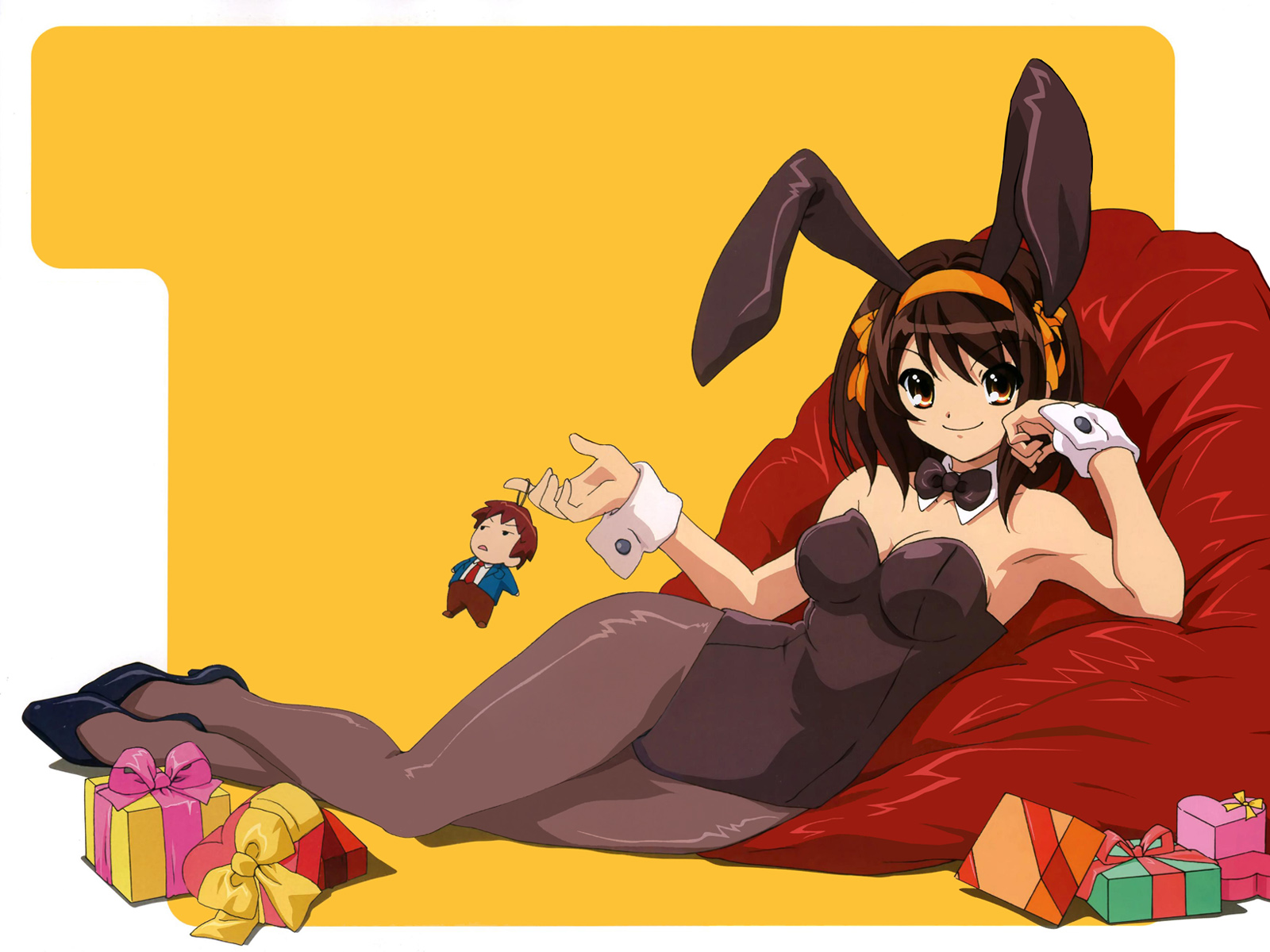 Haruhi Suzumiya in bunny outfit with gifts HD Wallpaper