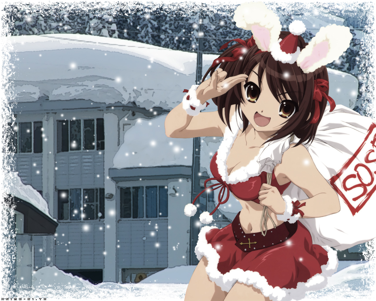Haruhi Suzumiya in Santa Outfit with Bunny Ears HD Wallpaper