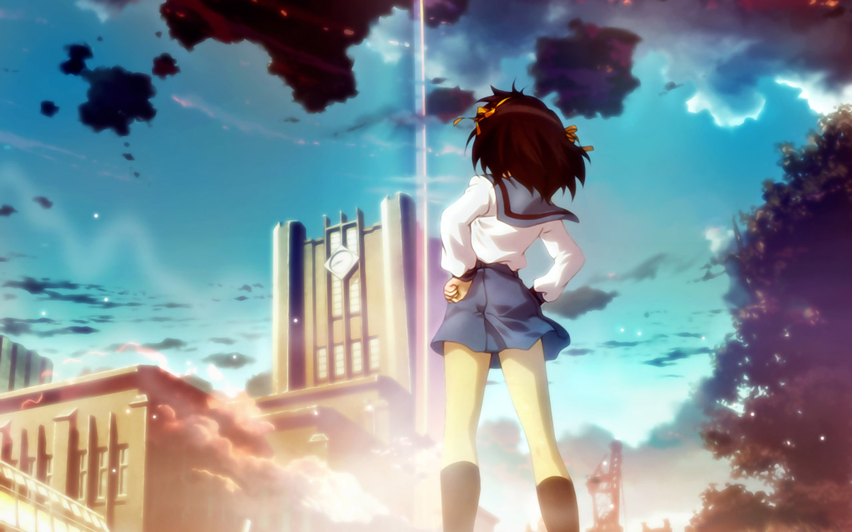 Haruhi Suzumiya looking at a tower HD Wallpaper