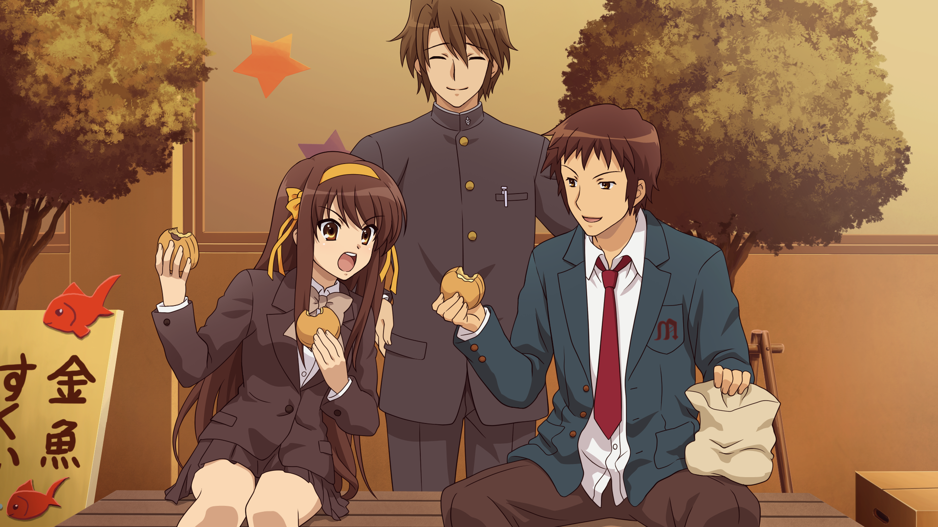 Haruhi Suzumiya and friends eating HD Wallpaper
