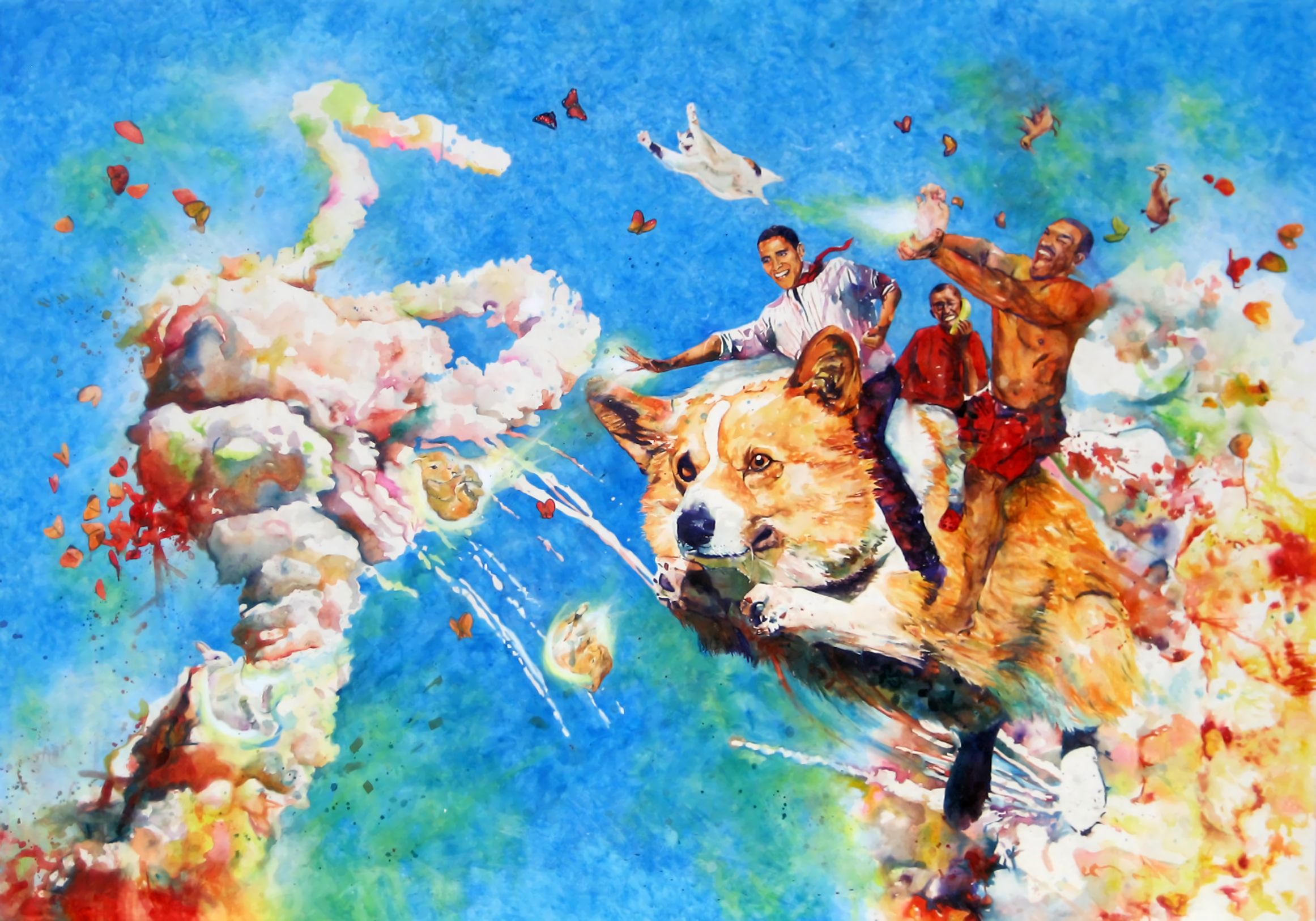 Barack Obama riding a corgi with other figures HD Wallpaper