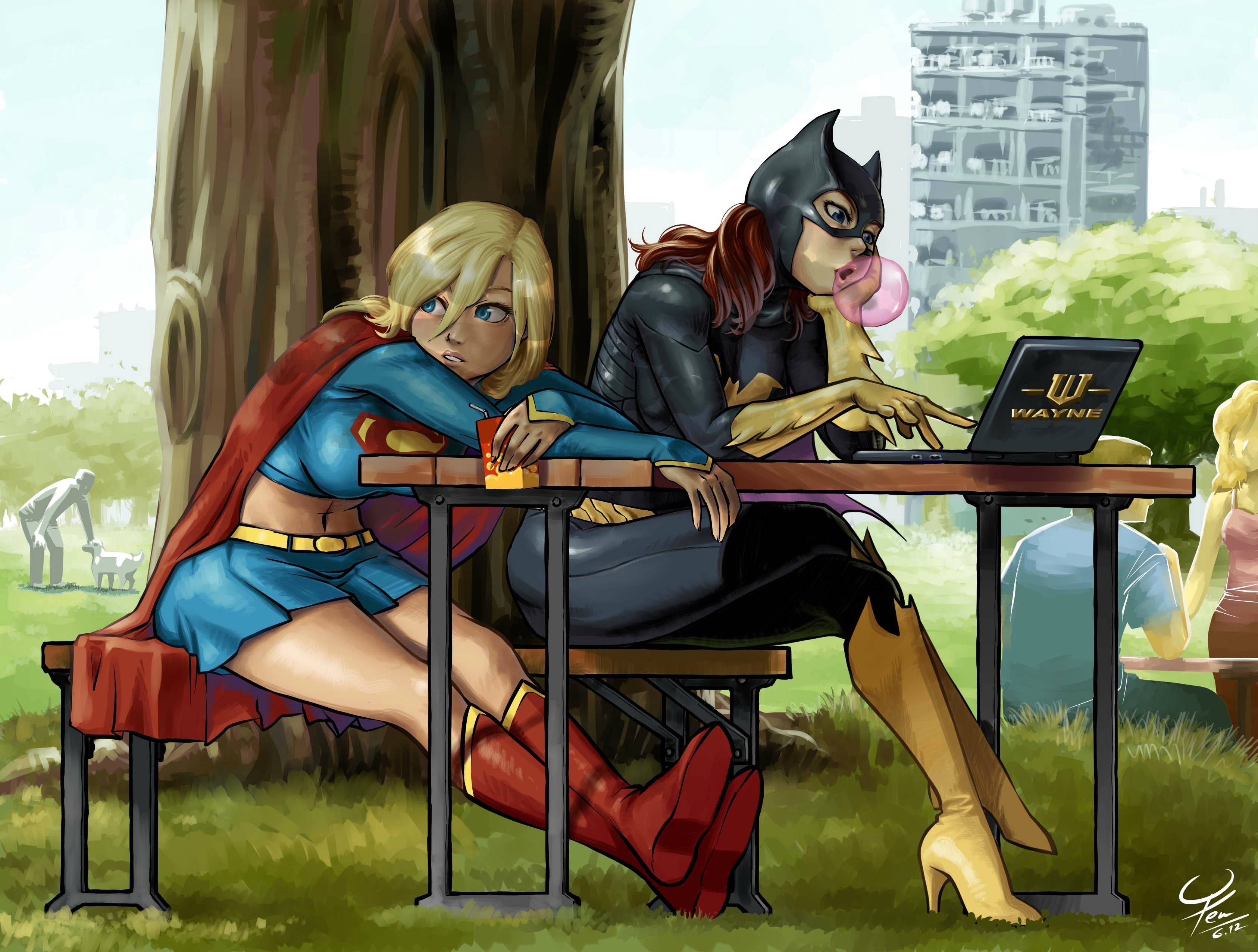 Supergirl and Batgirl at a picnic table HD Wallpaper