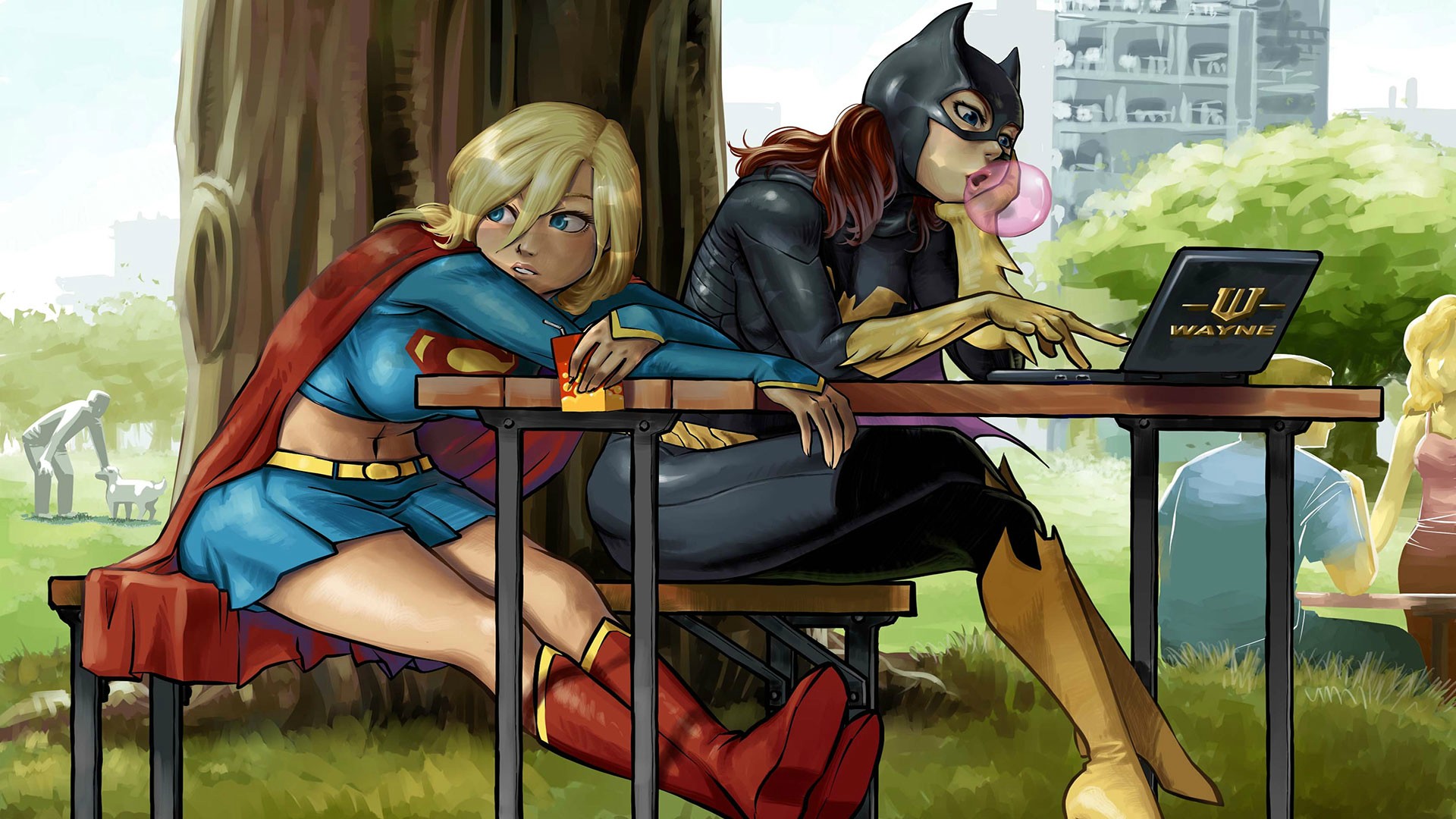 Supergirl and Batgirl at a table with a Wayne Enterprises laptop HD Wallpaper