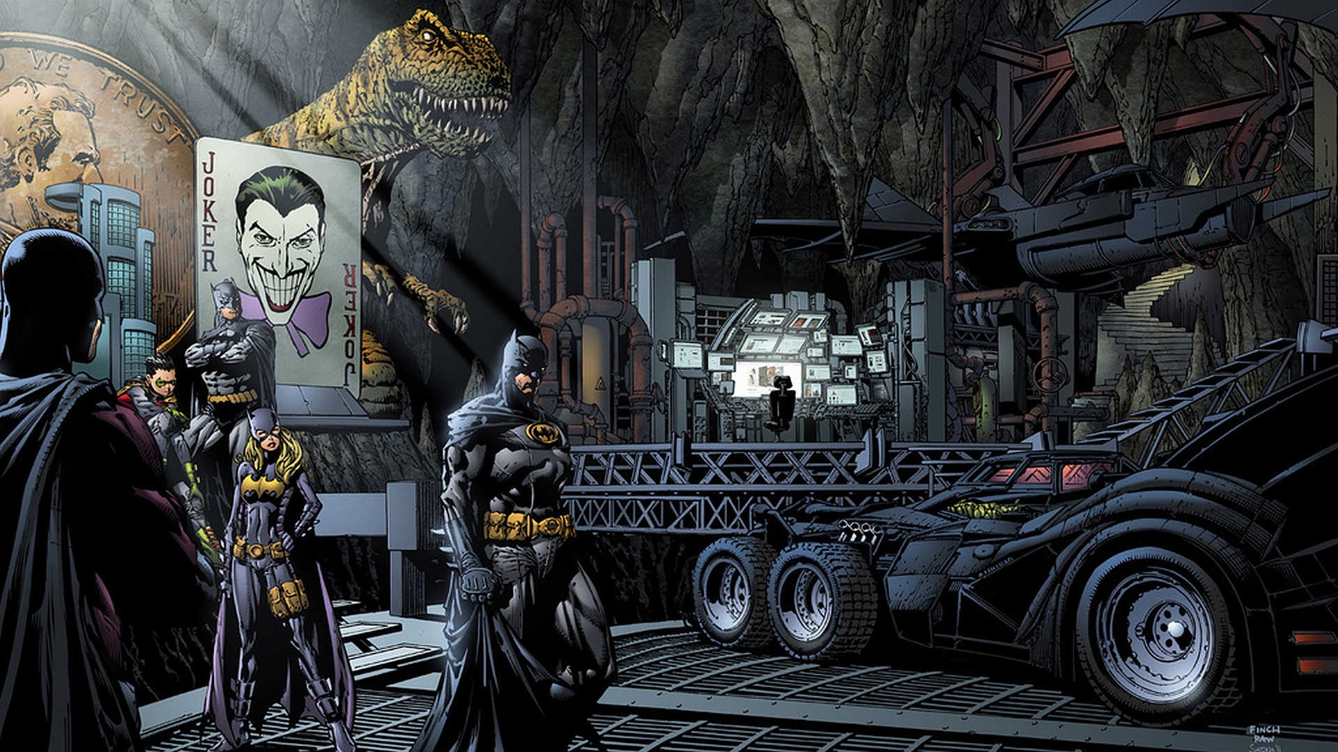Batman and allies in the Batcave with Joker card and dinosaur HD Wallpaper