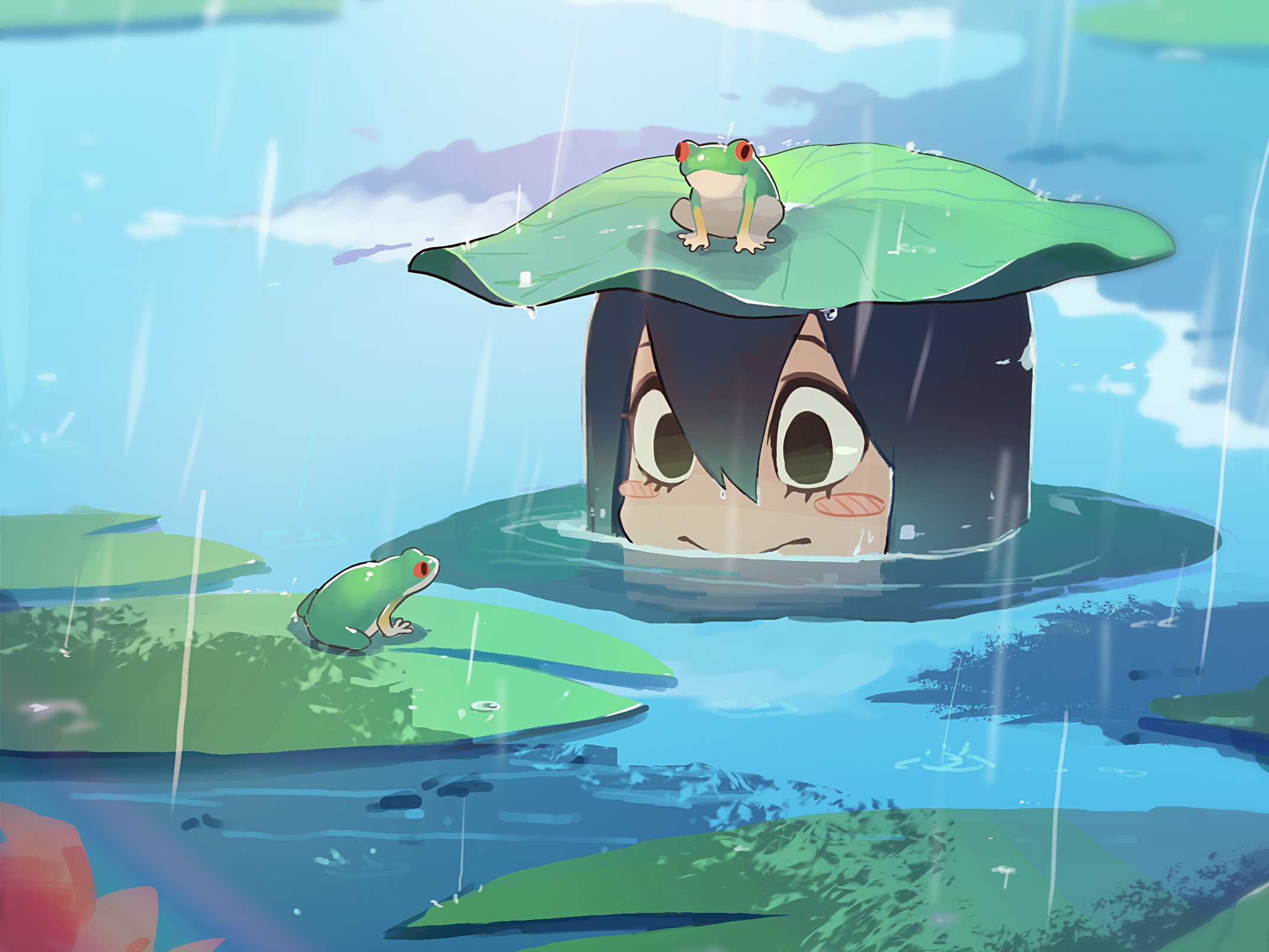 Tsuyu Asui by a Rainy Pond with Frogs HD Wallpaper