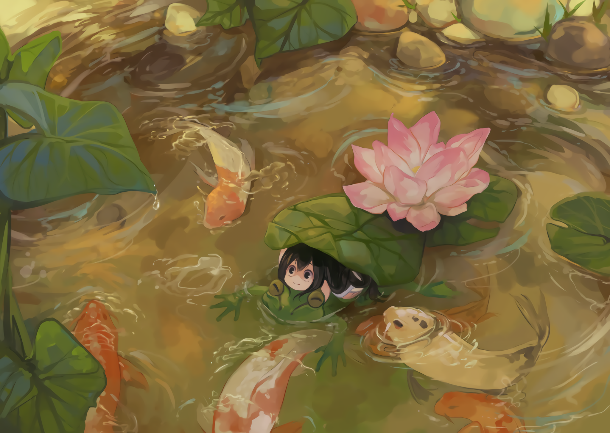 Tsuyu Asui in a pond with koi fish and lotus flowers HD Wallpaper