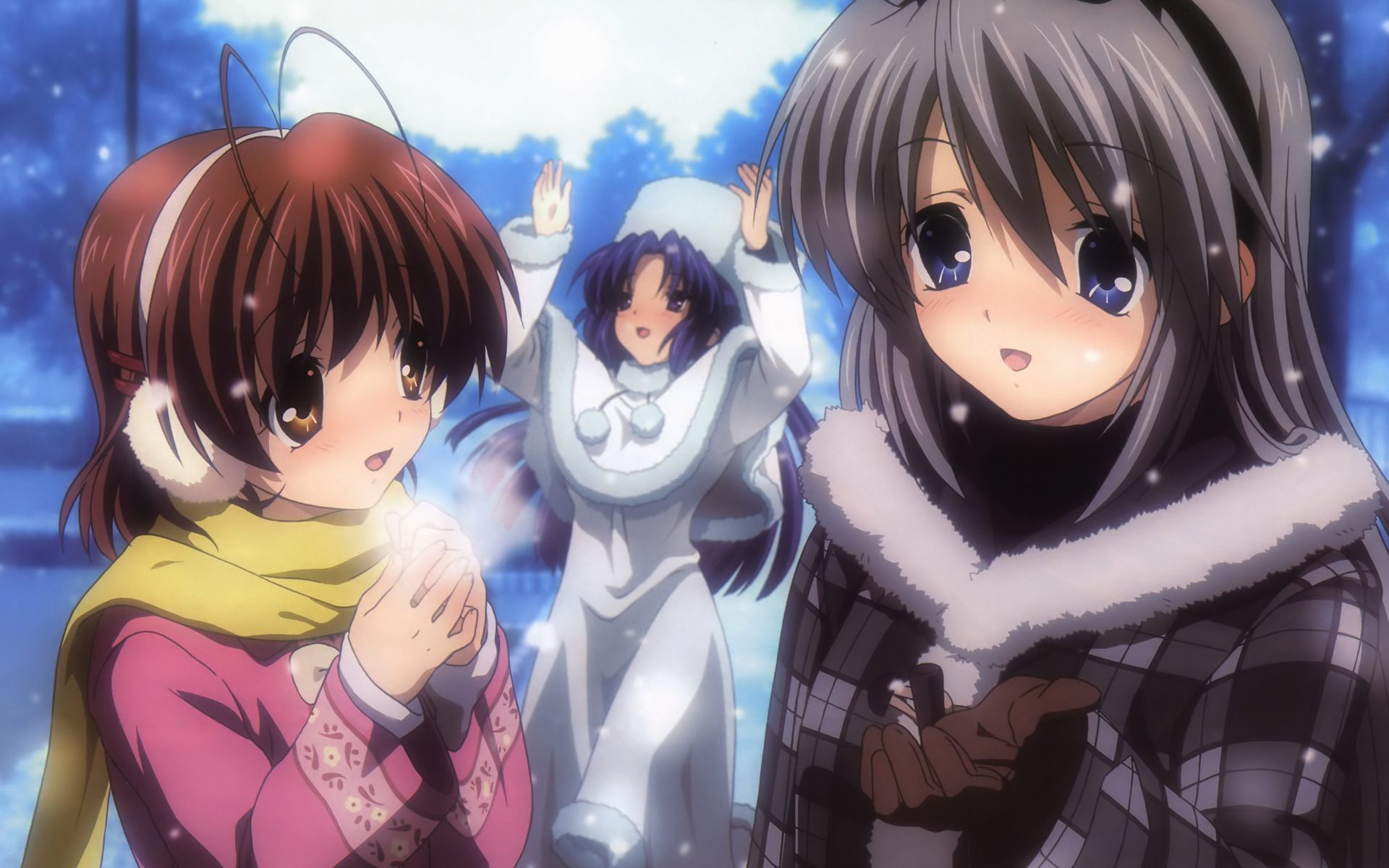 Three girls in winter clothing HD Wallpaper