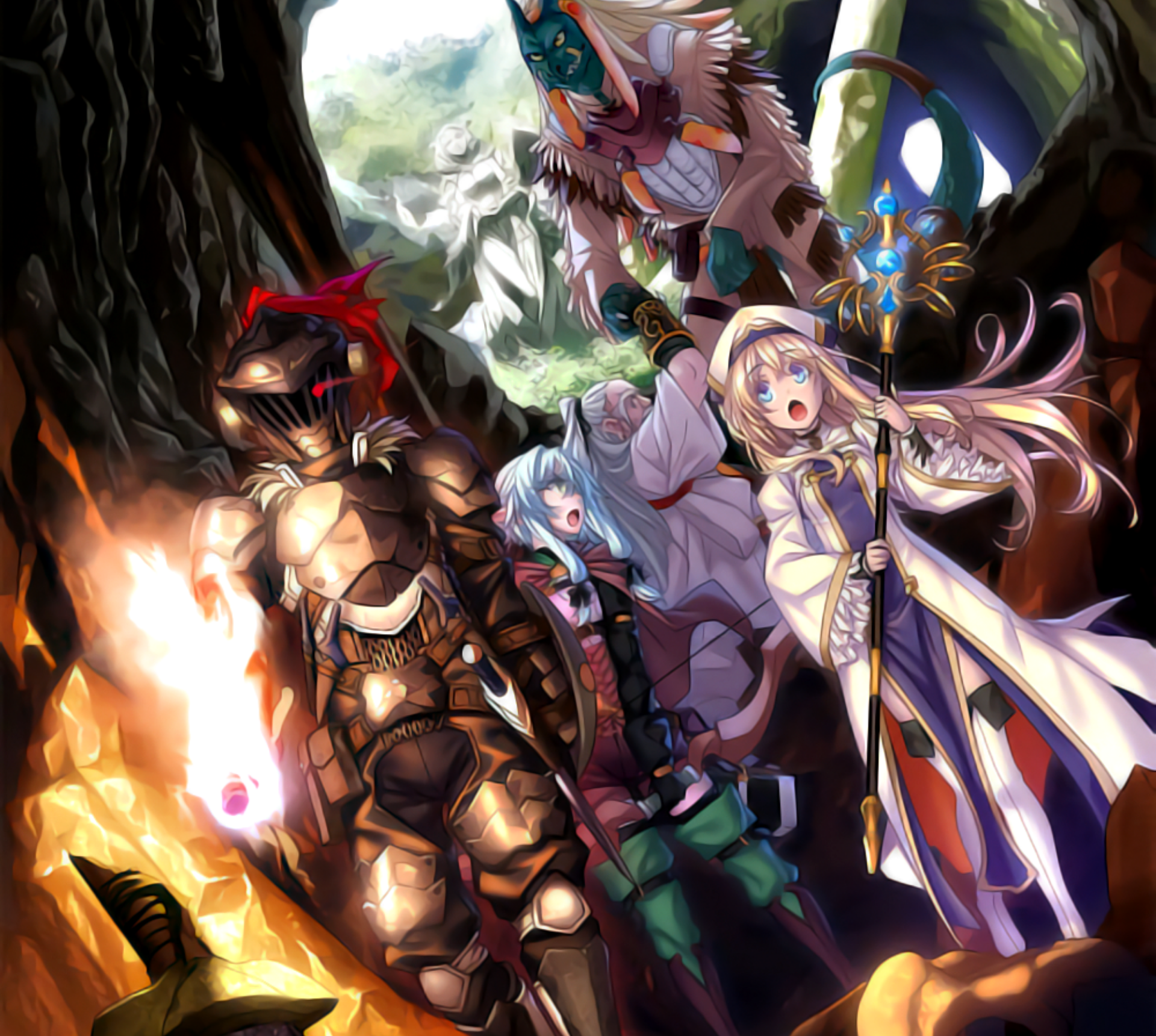Goblin Slayer and companions in a cave HD Wallpaper